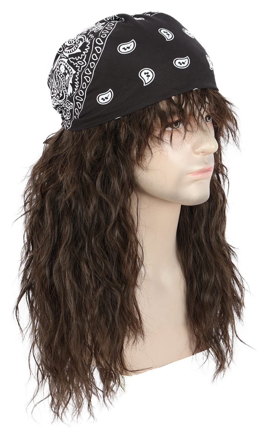 Karlery Men 70s 80s Rocker Metal Mullet Wig with Bandana Long Curly Brown Punk Wig Halloween Party Wig, 21-24 pollici/54-62 cm - Image 3