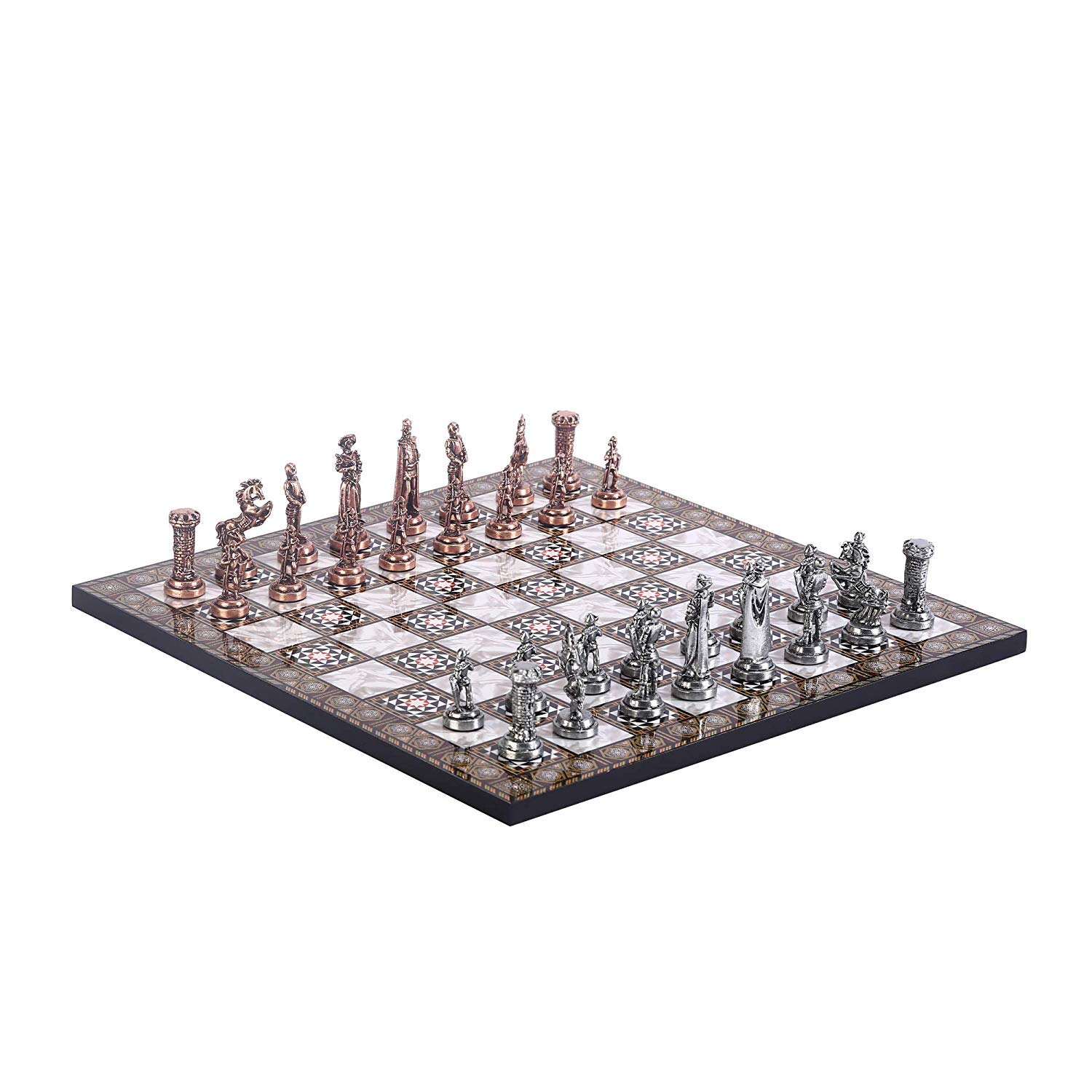 GiftHome Schach aus Kupfer für Erwachsene, mittelalterliche britische Armee, Antikoptik, handgefertigte Stücke und Mosaik-Design, Holz, Schachbrett King 2,75 Inkl.