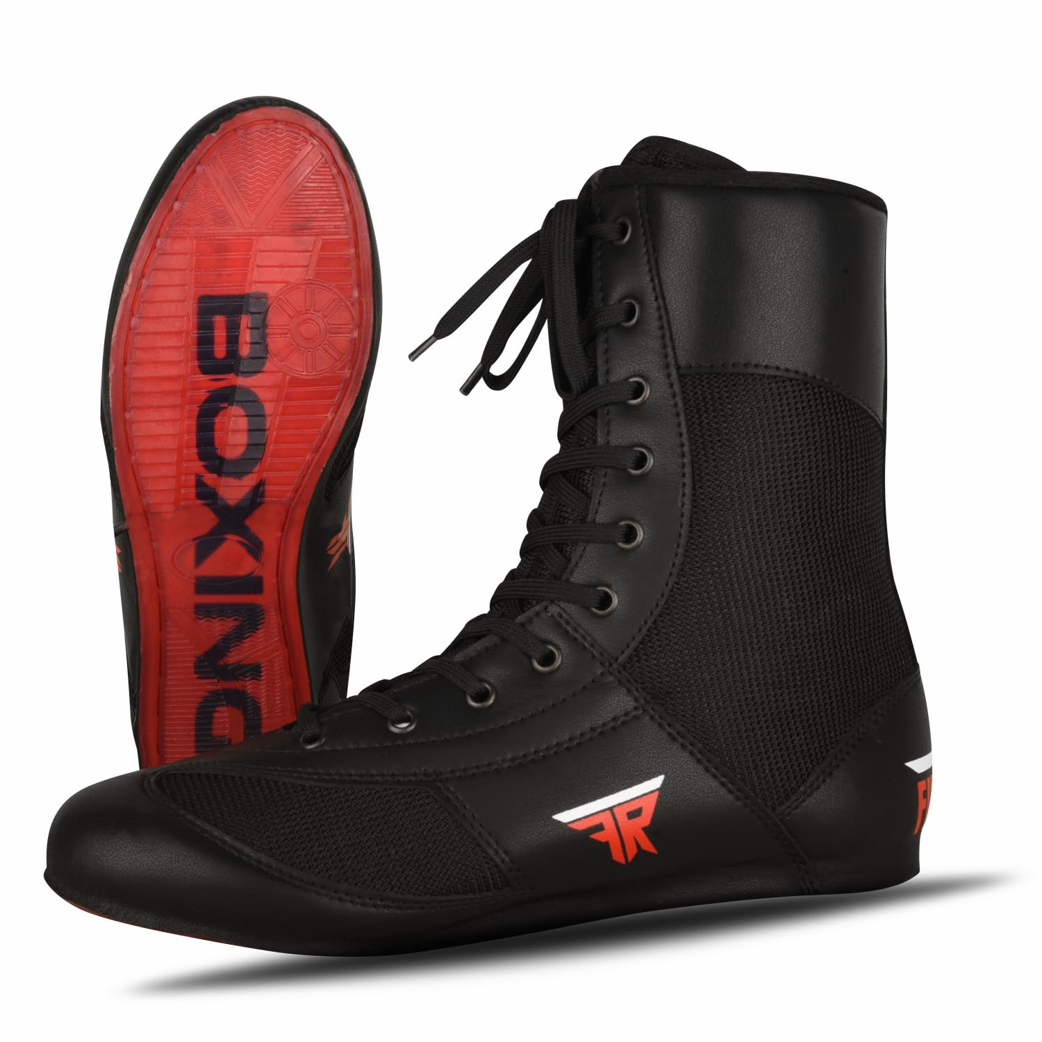 FISTRAGE Leather Kick Boxing Shoes Fighting Sports Master Training Mesh Unisex Pro Men's and Youth Genuine Boot Light Weight | Black Color Boxing Shoes for Adults