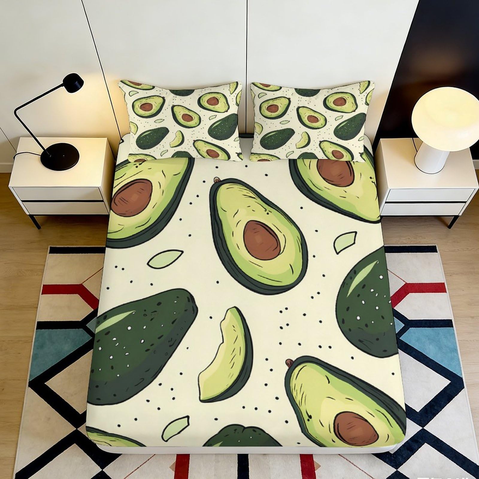 3D Printed Avocado Pattern Fitted Sheet Microfiber Deep Pocket Non-Slip Bedroom Avocado Mattress Fitted Cover Washable Full Wrap for Adults Teens 200x200x25cm