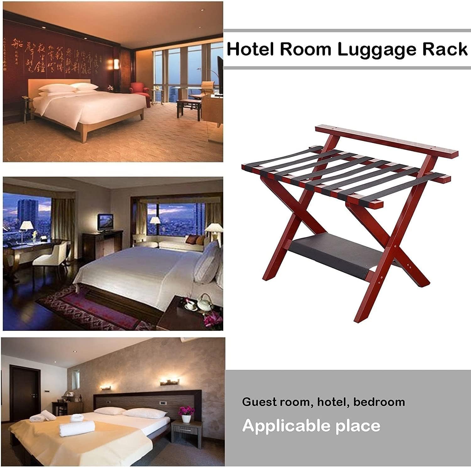 3Pcs Luggage Rack - Folding Suitcase Rack, Solid Wood Suitcase Rack with Non-Slip Feet, Hotel Expanded High Density Webbing Shoe Rack/Clothes Rack,Black