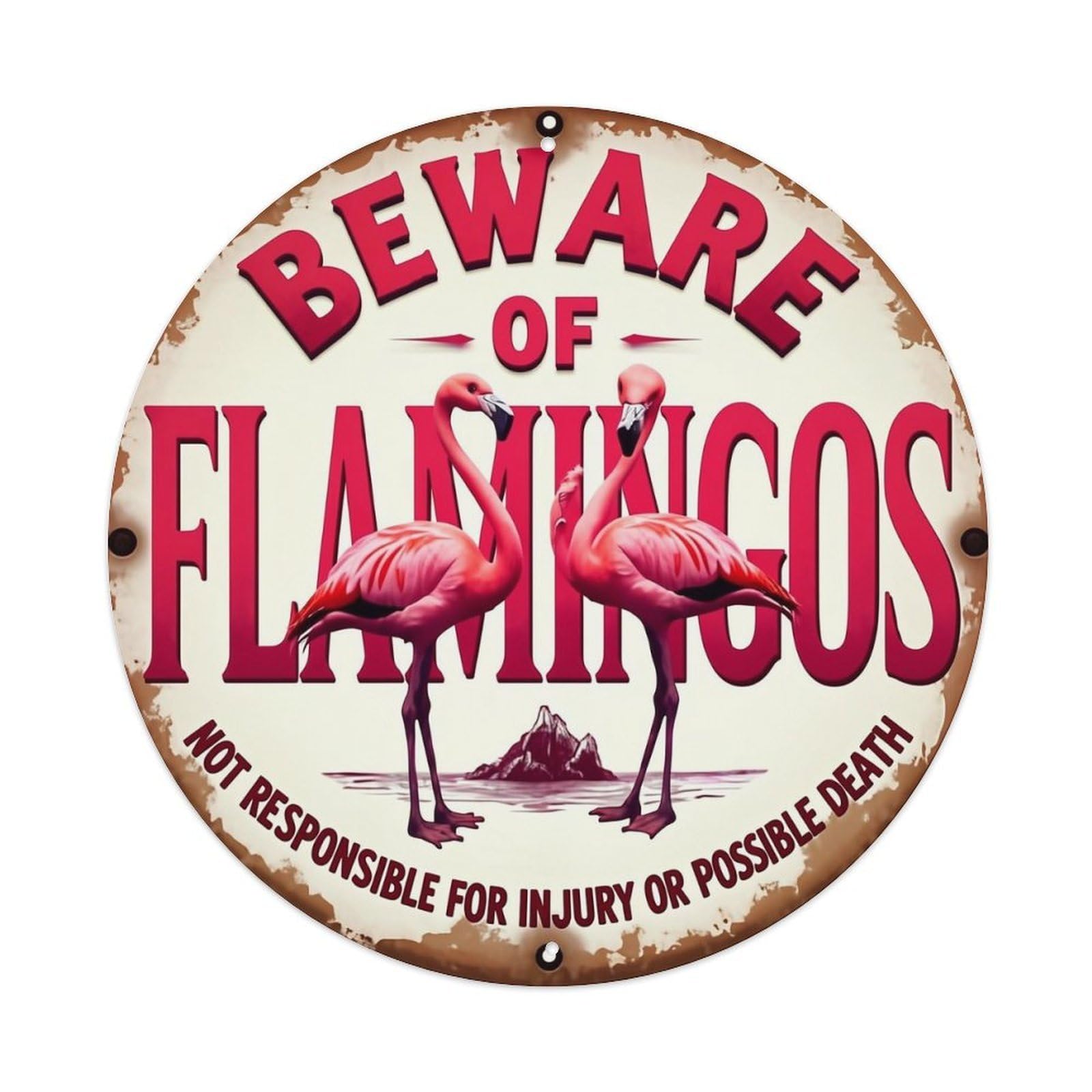 Two Flamingos On Round Sign Retro Metal Sign Round Tin Sign, Vintage Decor Art Poster for Bar, Home, Man Cave, Kitchen, Laundry Room Gift 8x8Inch