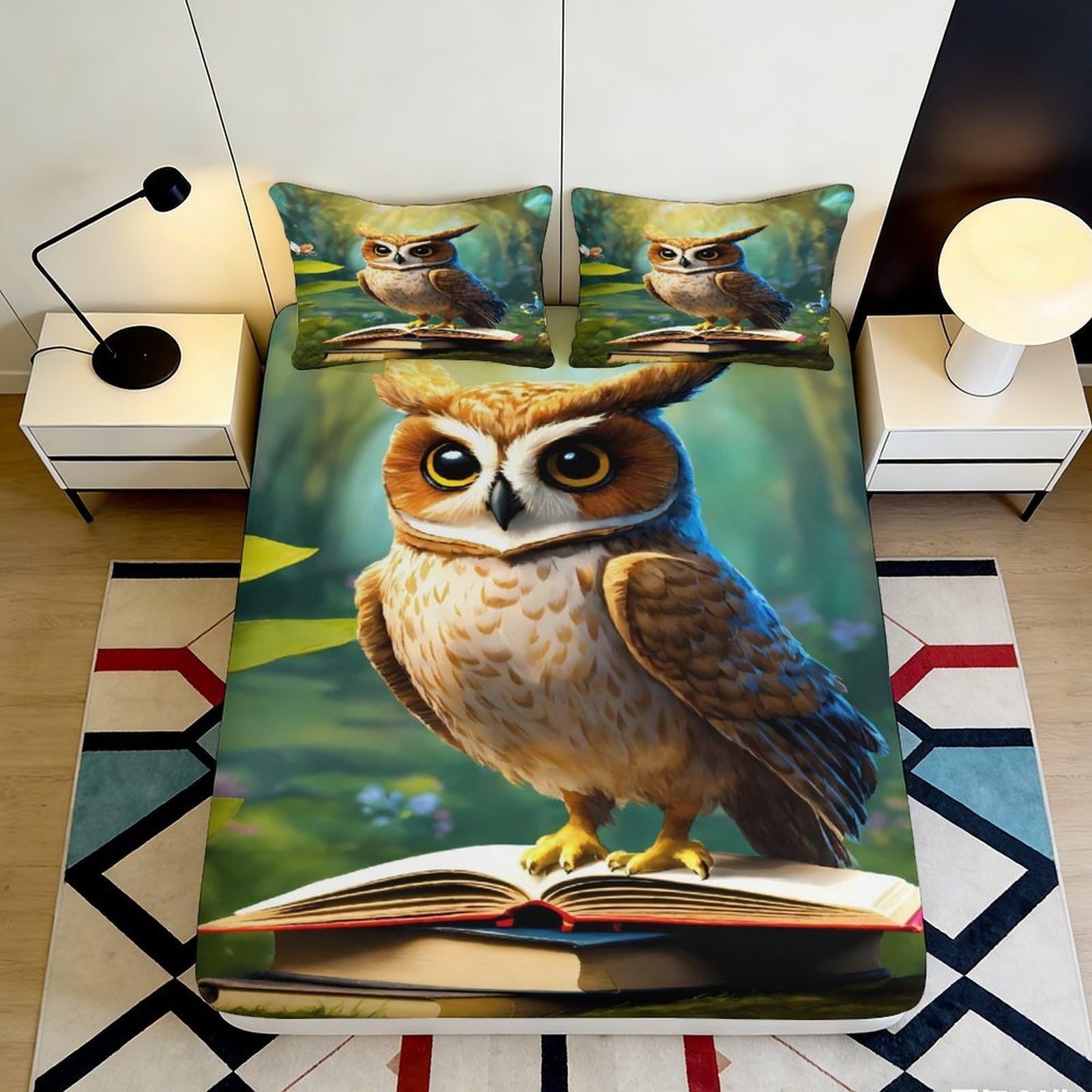 3D Printed Owl Fitted Sheet Microfiber Deep Pocket Bedroom Bedding Owl Mattress Fitted Cover Non-Slip Washable for Adults Teens 140x200x25cm
