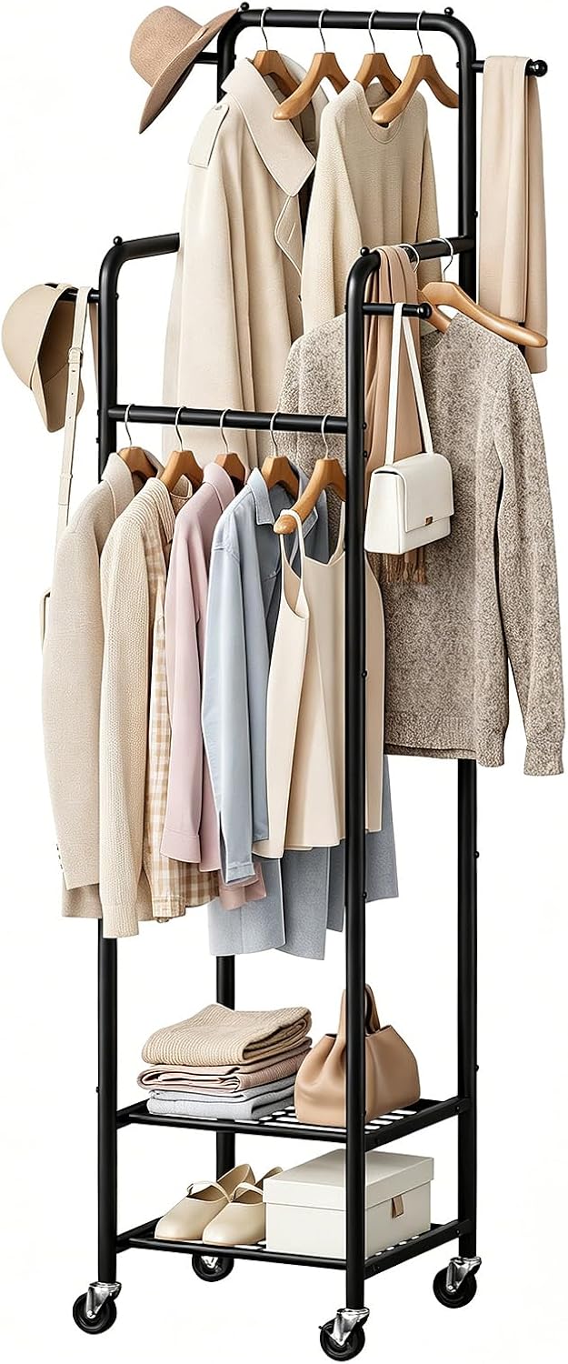 Clothing Rack with Wheels, 71" Portable Rolling Clothes Rack with 2 Shelves and 4 Hanging Rods, Small Garment Rack with 4 Hooks, Sturdy Metal Coat Rack for Bedroom, Laundry Room, Gold