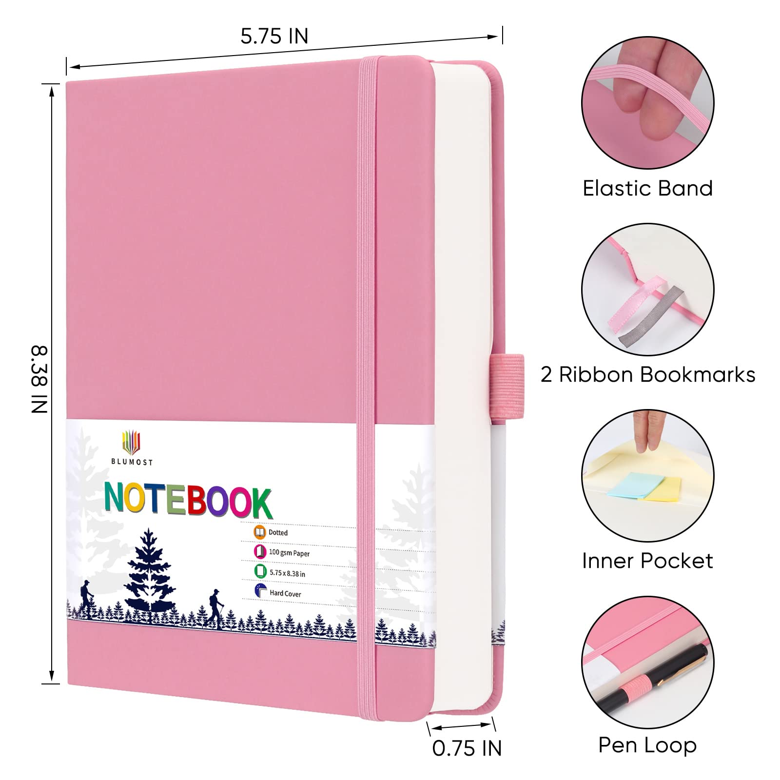 BLUMOST Bullet Dotted Journal Notizbuch – A5 Punktraster Notizbuch mit 280 Seiten, 100 g/m² dickes gepunktetes Papier, Leder-Hardcover gepunktetes Tagebuch für Damen und Herren, 14 x 21 cm, Rosa