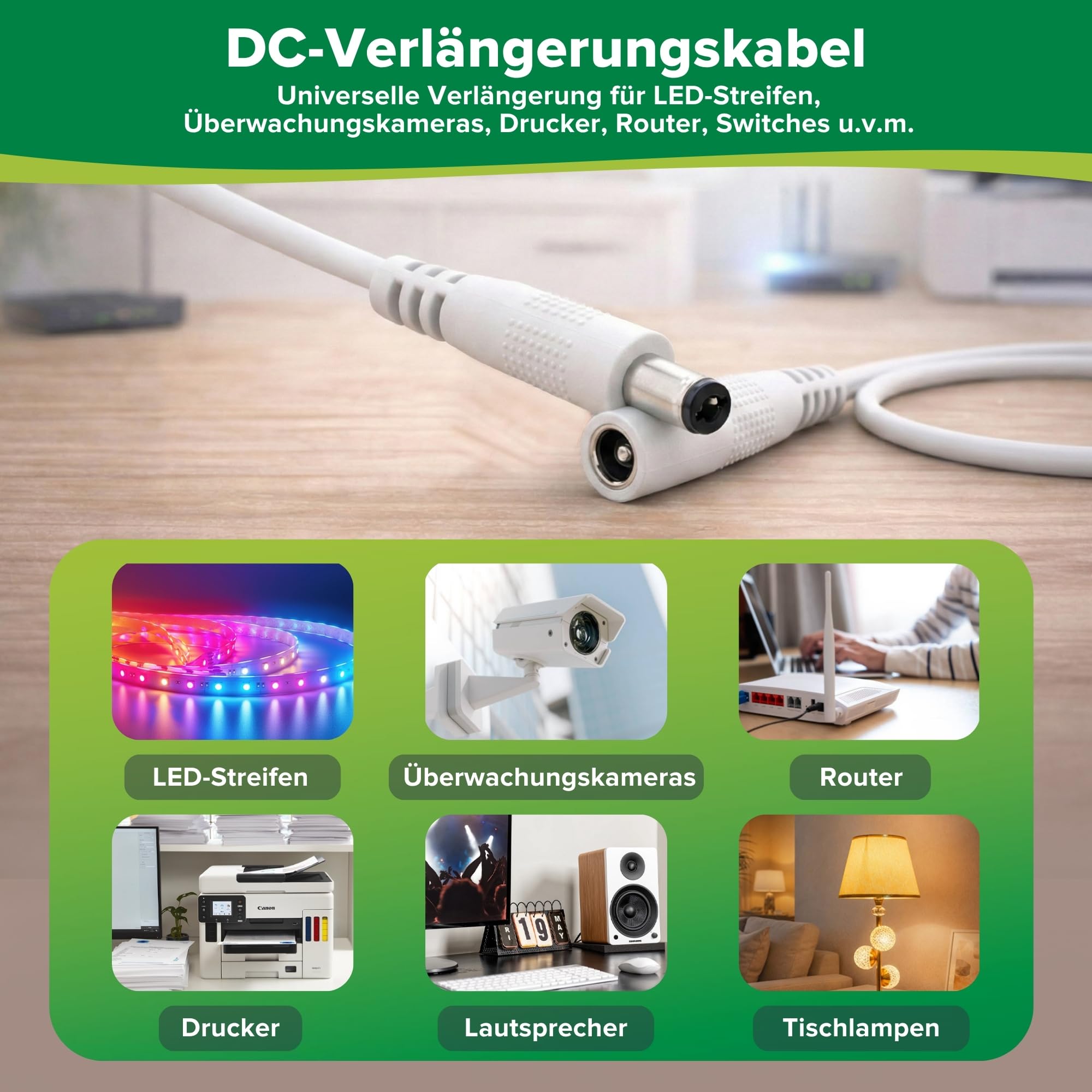 InLine - Przedłużacz DC, uniwersalny zasilacz sieciowy przedłużacz do taśm LED, kamer monitorujących, drukarek, routerów, przełączników i wielu innych, wtyk DC 5,5 x 2,1 mm, biały, 2 m