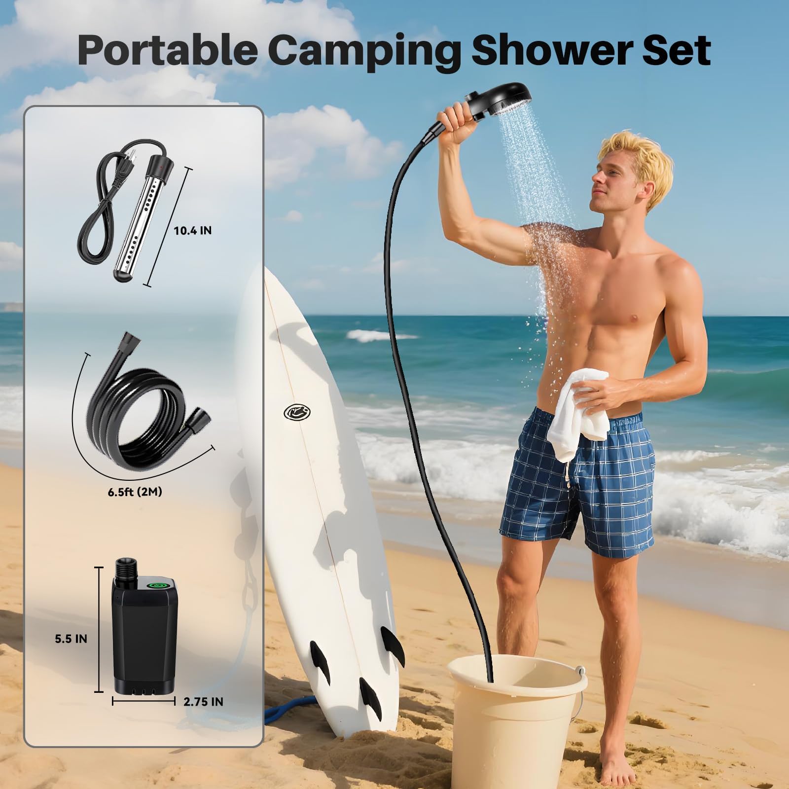 Douche de Camping avec Chauffe-eau, Douche de Camping Rechargeable 6000mAh avec Chauffe-eau à Immersion 2000W, Écran LED, Douche Extérieure Chauffante pour Voyage, Randonnée, Voiture, Animaux
