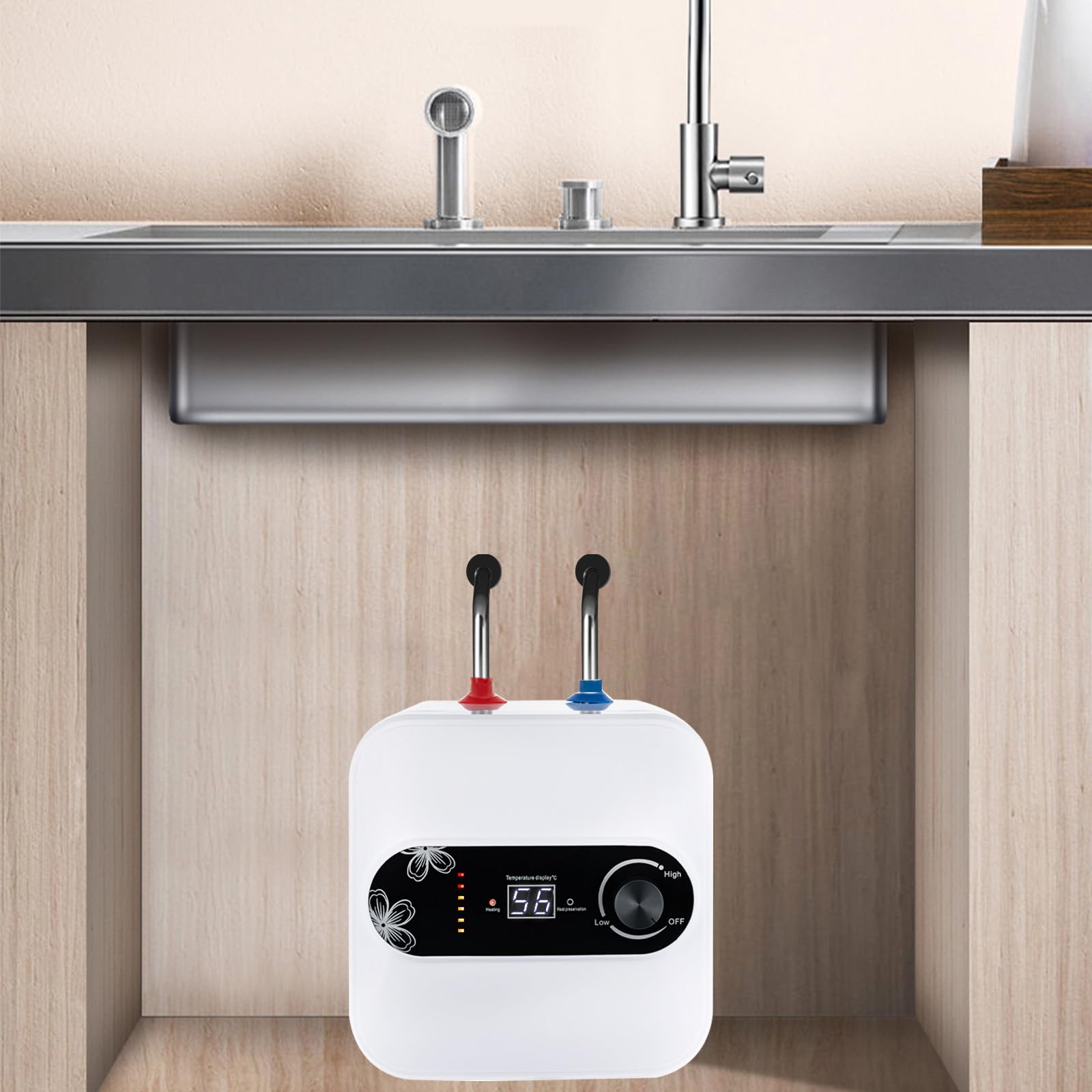Chauffe-eau sous évier, 8 L, résistant à la pression, petit réservoir, état de protection thermique, pour cuisine, 1,5 kW, 65 °C, blanc