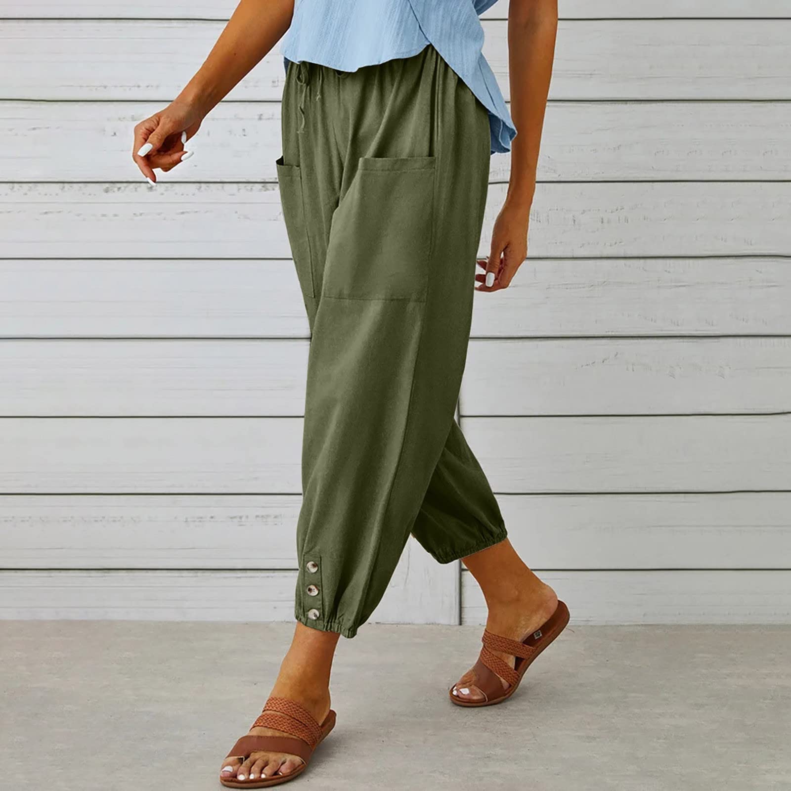 Leinenhose Damen 7/8 Lang Sommerhose Baumwolle Leinen Freizeithose Lässige Einfarbig Stoffhose Casual Loose Fit Strandhose mit Taschen Yogahose Elastische Taille Haremshose Caprihose