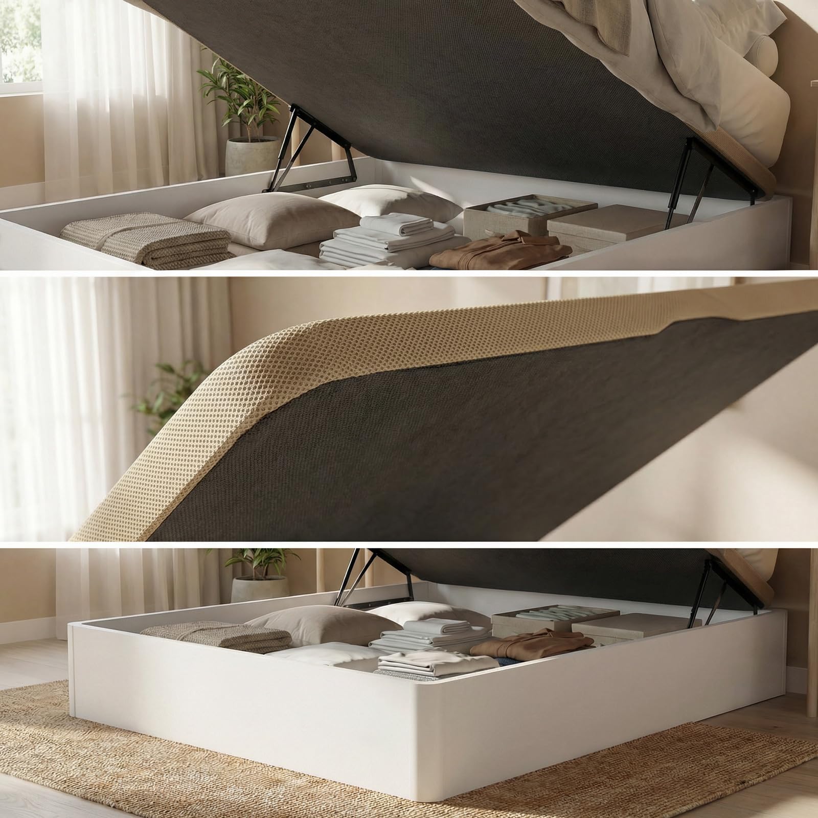 DUÉRMETE ONLINE - Canapé Abatible 135x190 cm Blanco, Gran Capacidad de Almacenaje, Estructura Súper Reforzada, Tapa 3D Transpirable, Incluye Subida a Domicilio