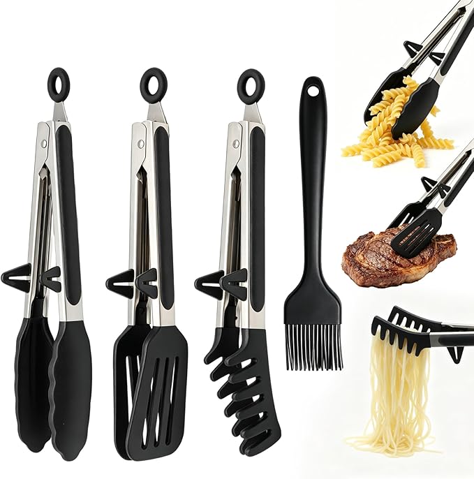 ZABARE Stainless Steel and Silicone Cooking Tongs Set: Slip-Resistant and Heat-Resistant