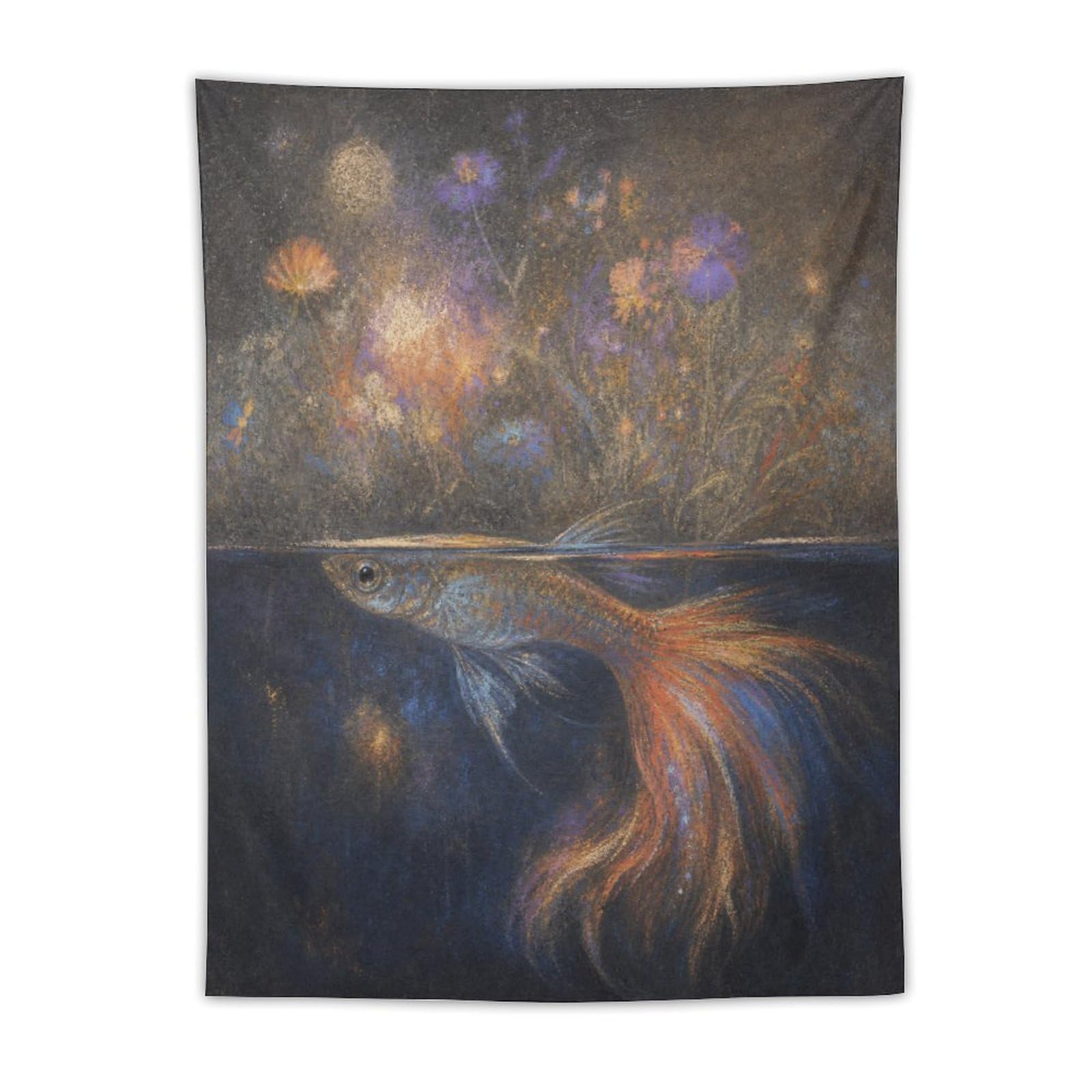 W7C8U2X3 Glowing Betta Fish Wall Tapestry, Realistic Illustration Style