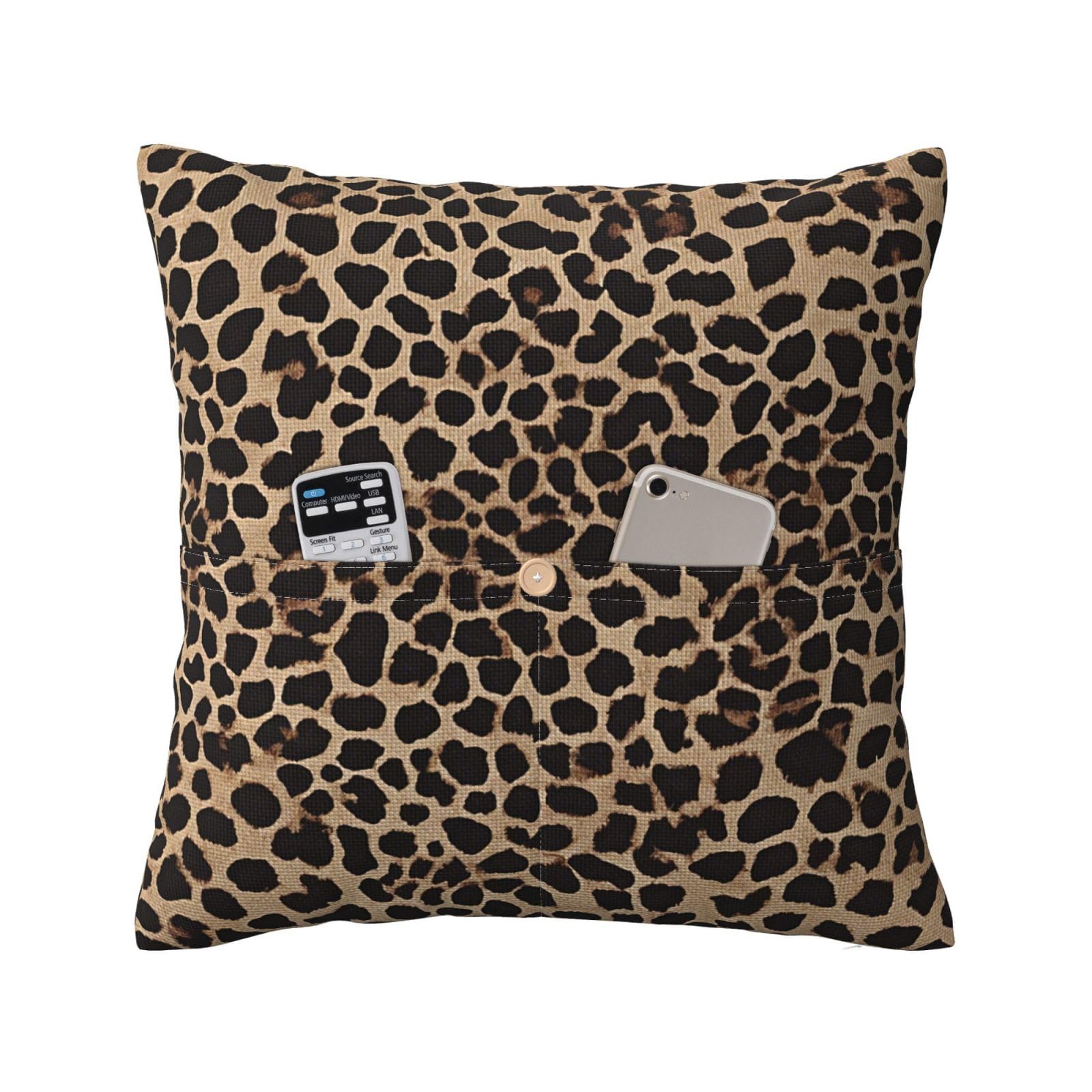 Cpeowzl Black Leopard Pattern Printed Linen Pillow Case With Pocket 45X45 Cm- Soft Square Cushion Cover Modern Pillowcase 1Pcs