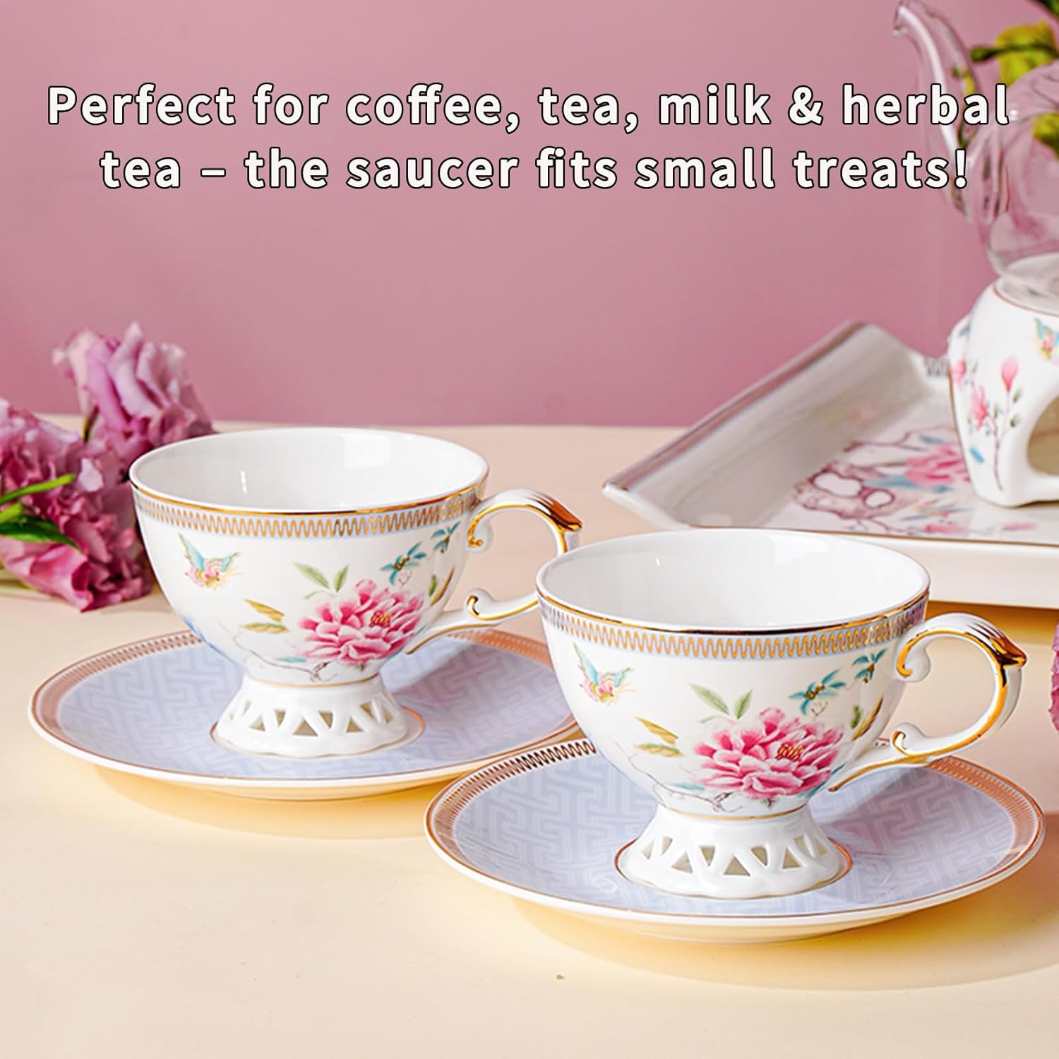 Tea Cup and Saucer Set, Floral Butterfly Vintage Tea Cup with Gold Trim, Bone China Coffee Cup with Saucer and Spoon, Porcelain Cup and Saucer Set for Women and Tea Party, 6.8 oz