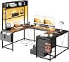 U Shaped Gaming Desk, 78 Large Reversible Computer Desk with LED Lights, Power Outlets, Monitor Stand, Corner Desk with 4 Drawers, Storage Shelves, Writing Desk, PC Table for Home Office, Black