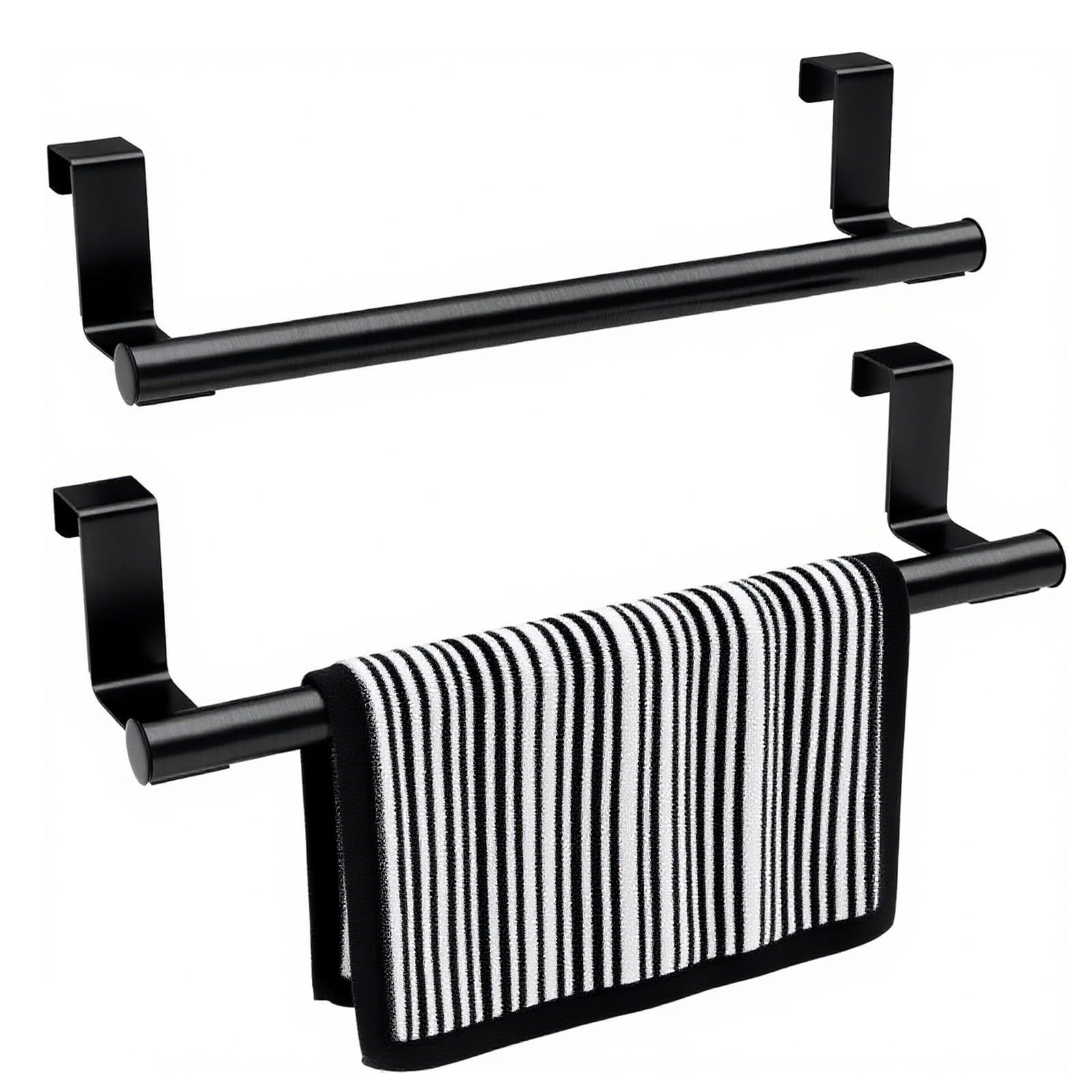 Black Towel Holder, 2 Pack Over The Door Towel Rail Stainless Steel Kitchen Tea Towel Rail 36cm No Drill Towels Racks for Cupboard Drawer Cabinet Bathroom