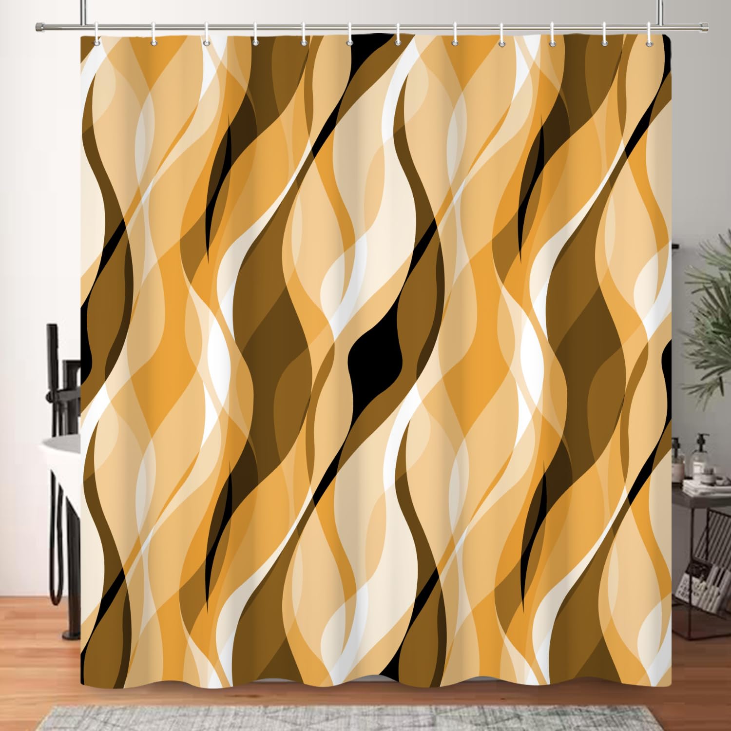 ASDCXZ Khaki Shower Curtain 180x180 cm, Modern Abstract Khaki Black White Irregular Wave Stripes Waterproof Bath Curtain Polyester Textile Washable Shower Curtains for Bathtub with 12 Hooks