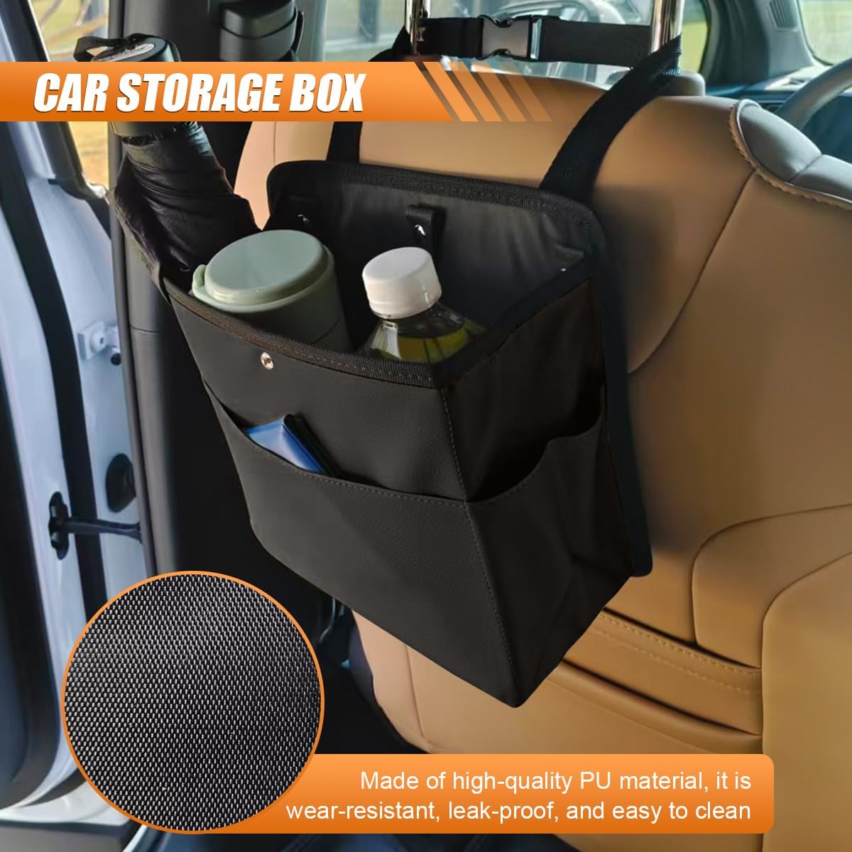 Car Trash Can, Large Capacity Waterproof Leather Backseat Garbage Bin, Foldable Hanging Organizer with Pockets & Adjustable Straps, Multipurpose Storage Bag for SUV, Truck (Black)