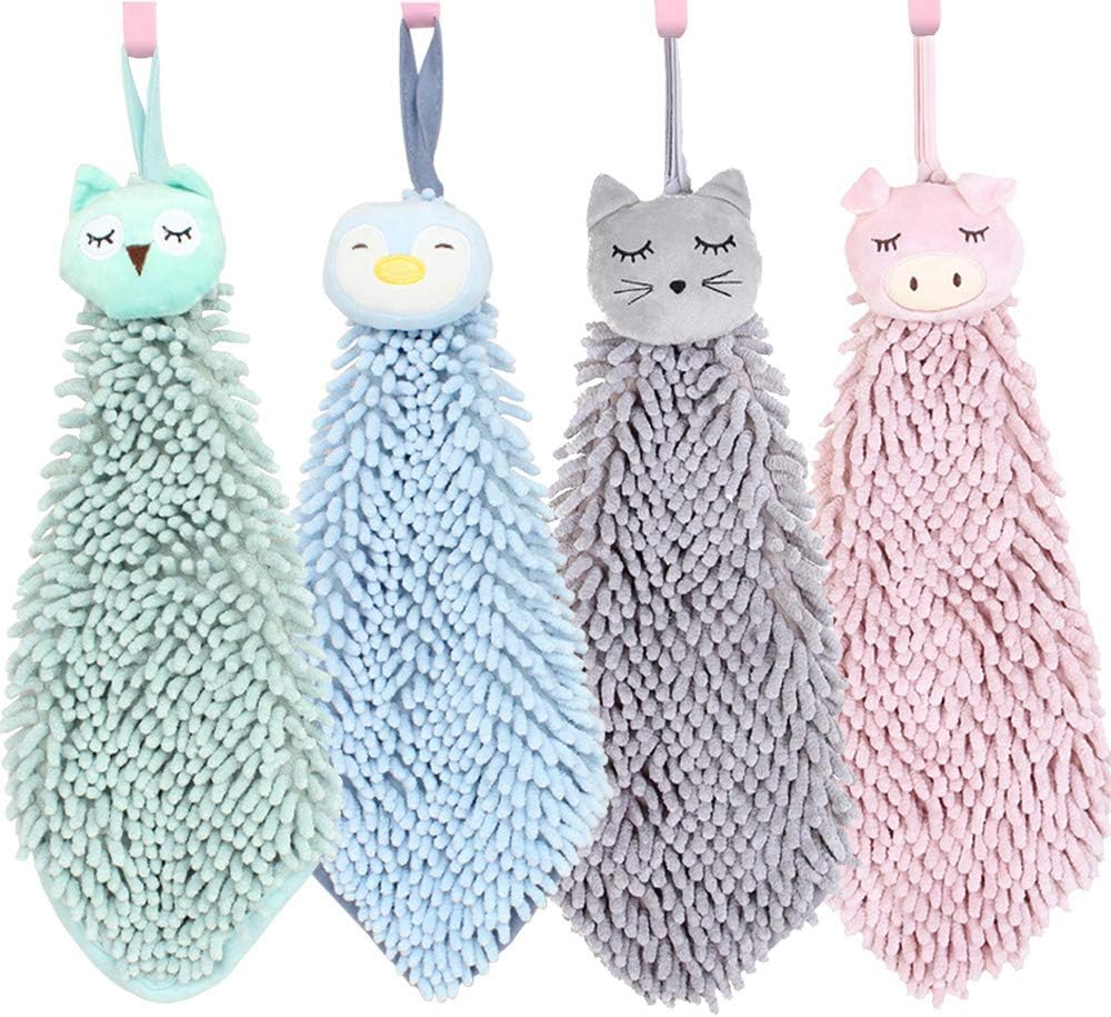 4 Pack Cute Chenille Soft Hanging Hand Towels Funny Owl Penguin Absorbent Thick Kitchen＆Bathroom Towel