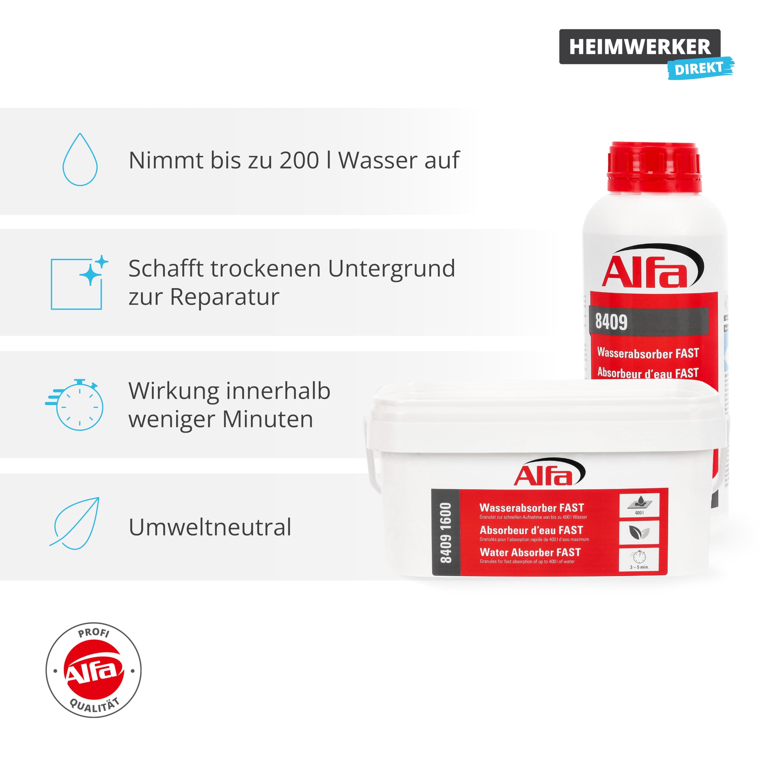 2x Alfa Wasserabsorber FAST 1.600 g – Wasseraufnahme bis 200 l (3,2 kg) | Profi Qualität - Granulat zur effizienten Aufnahme von Wasser - Umweltneutral und nicht toxisch - Einfache Anwendung