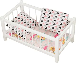 Cuna de madera para muñecas | 49,5 cm x 27 cm | BLANCO con colchón y ropa de cama de corazón pequeño