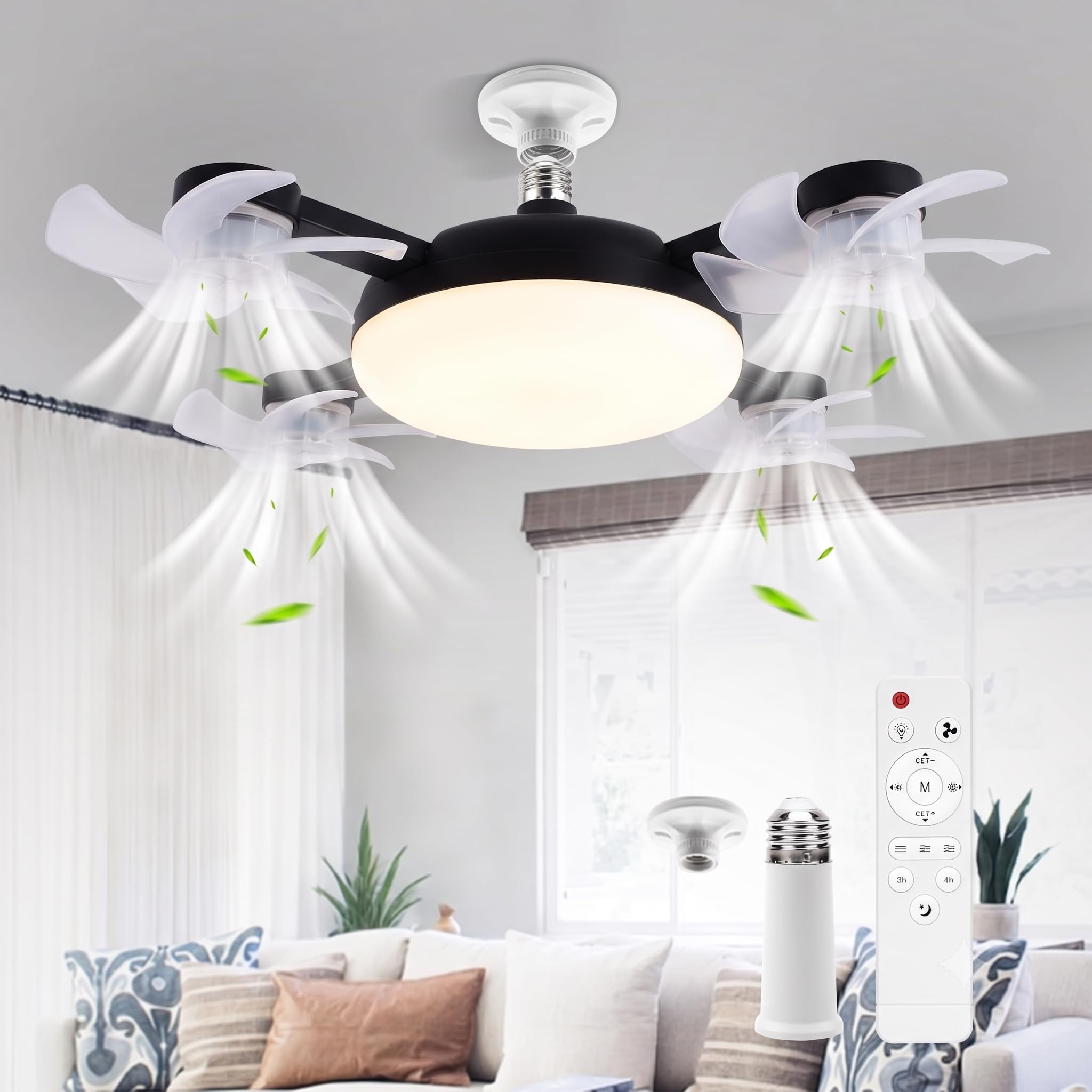 E27 Drone Ceiling Fan with Light, Screw in Light Bulb Fan with Remote and Adapter, Dimmable LED Fan Light, 3 Speeds, 3 Color Temperatures, Quiet Timer Socket Fan for Bedroom Kitchen Home, Black