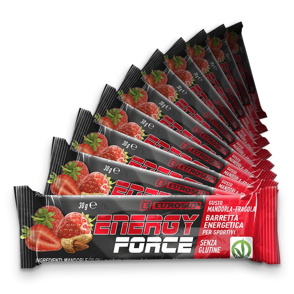EUROSUP ENERGY FORCE – 10 pezzi - Barretta Energetica con Mandorle e Frutta | Energia Immediata e Prolungata | Con Vitamina B2 | Ideale per Running, Ciclismo ed Endurance | Gusto Mandorla-Fragola