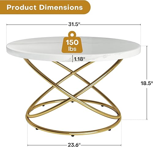 Miniatura 2 de BECHAEO Mesa auxiliar redonda para sala de estar, 31.5 pulgadas, exquisitas mesas de café de mármol sintético con marco dorado, mesa central moderna