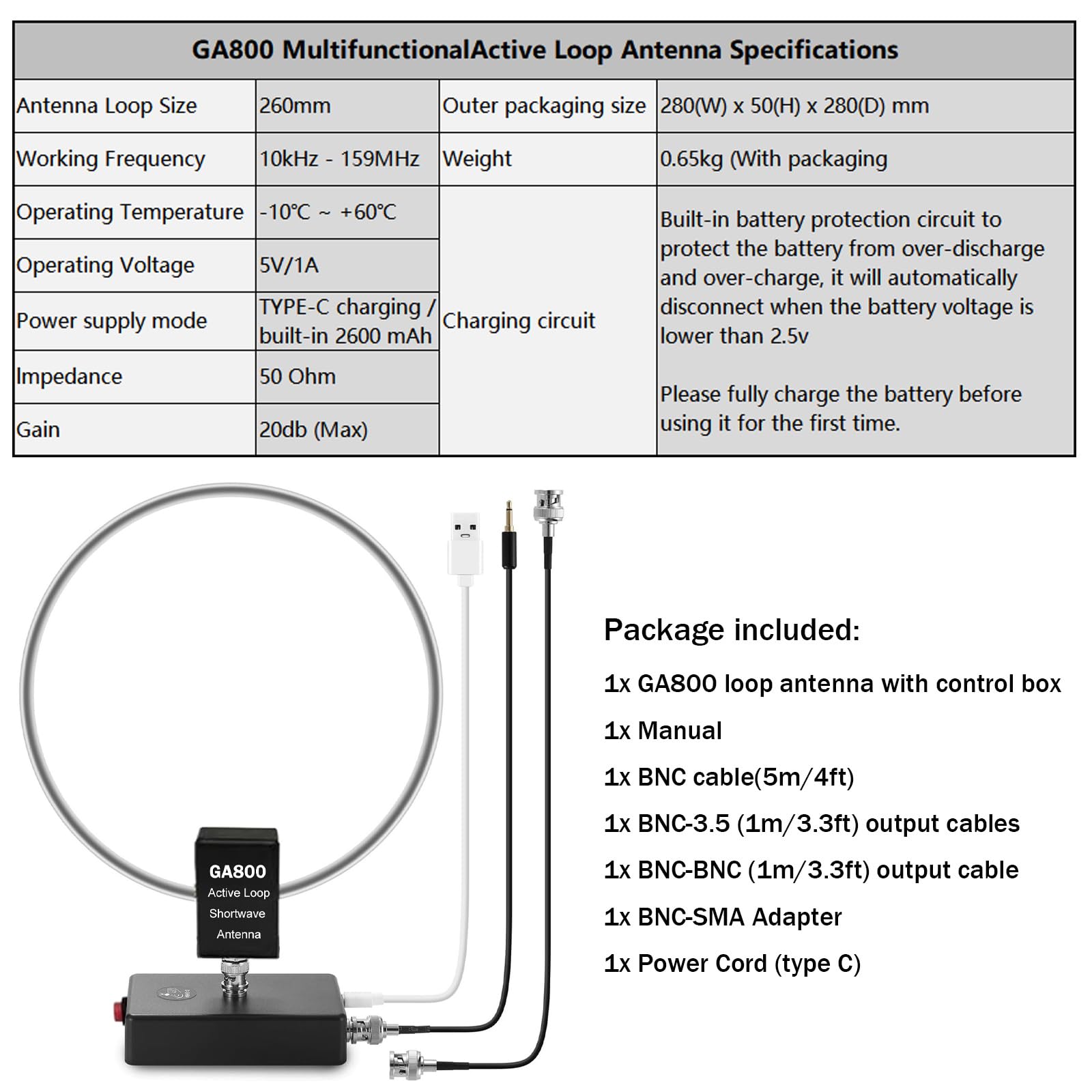 AURSINC GA800 Loop Antenna, Active Shortwave Radio Antenna con cavo BNC 10KHz-159MHz HF per radio Ham (Free of Tuning)