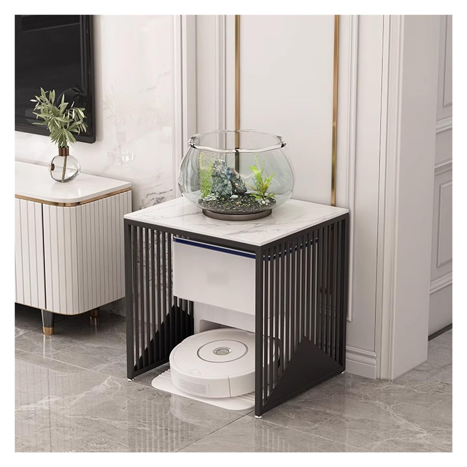 bastidor para máquina barredora Estante De Exhibición Negro Del Tanque De Pescados, Robot De Metal Gabinete De Almacenamiento De Vacío De Alta Resistencia, Mesa De 2 Capas Para Adornos Decorativos(LxW