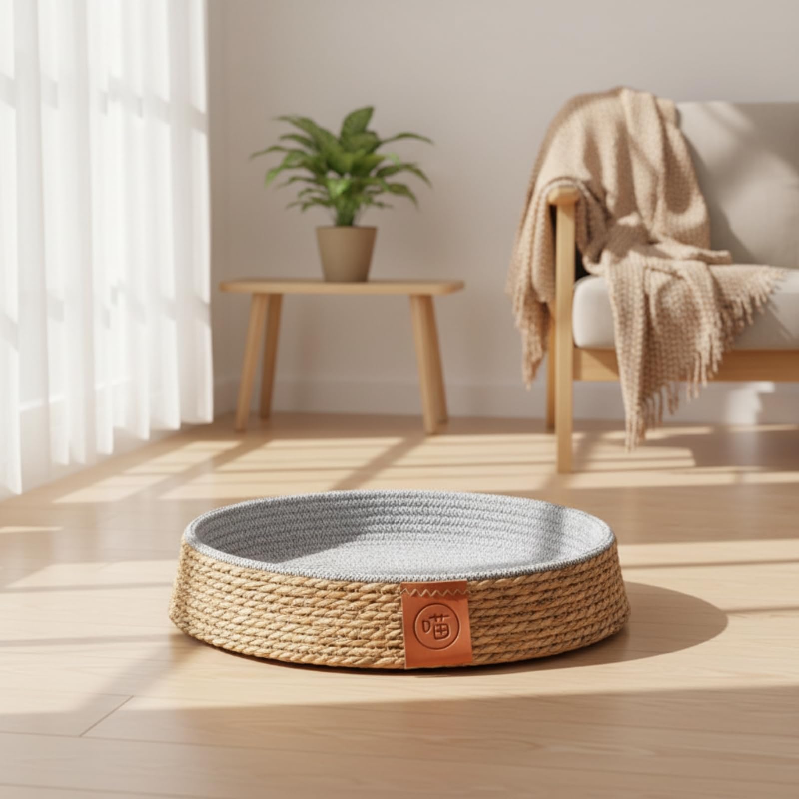 Colcolo Cuccia per Animali Domestici Letto Tondo Cestino Basso Nido Accogliente con Bordo Contenitivo E Etichetta Frontale Decorativa in Giunco E Cotone Adatta a Soggiorno, 40 Cm
