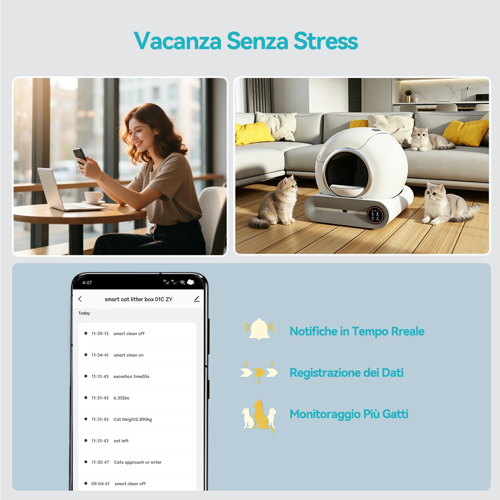 Lettiere Autopulenti Gatti 74L con 2 Filtri e 6 Rotoli Sacchetti | Deodorante Ionico, Smart Health Monitor, Comando APP con tappetino Adatte Alle Famiglie con Più Gatti