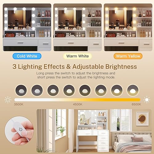 Miniatura 5 de Escritorio de maquillaje con espejo y luces, tocador con 5 cajones y 3 estantes de almacenamiento, 3 modos de color y brillo ajustable, tocador para