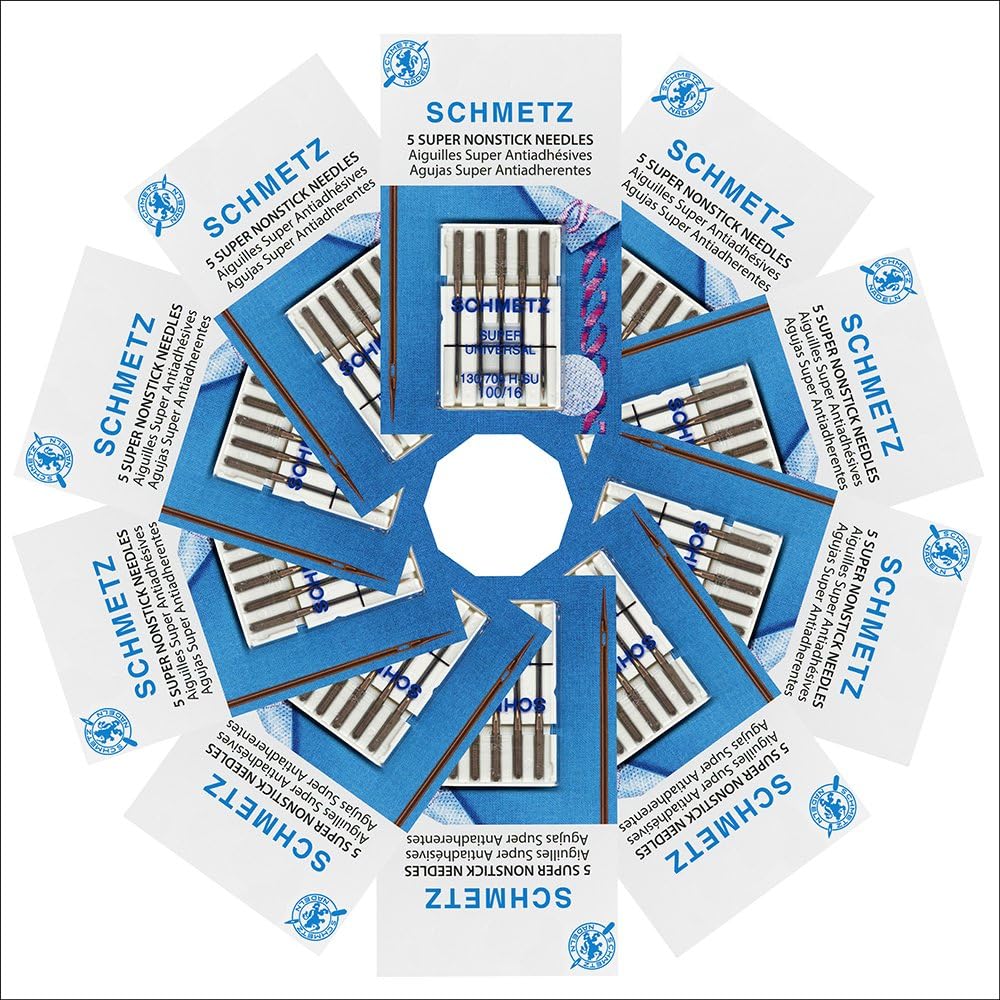 SCHMETZ Super Nonstick Super Universal Sewing Machine Needles - Embroidery, Vinyl & Adhesive Supplies, Size 100/16, 5-Needle Cards, Pack of 10