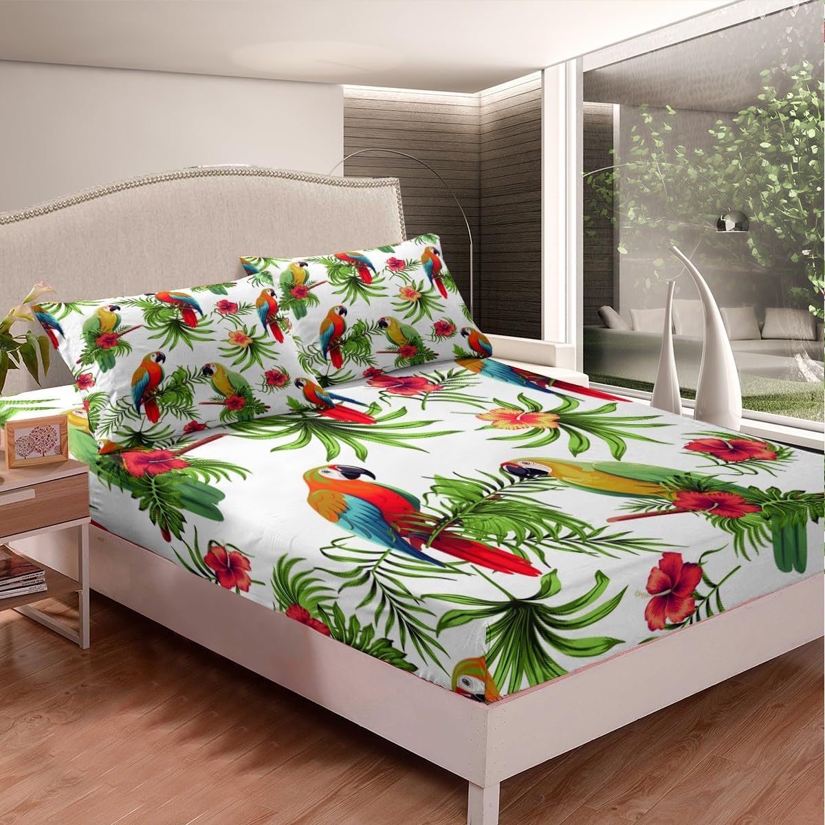 Palm Leaves Bedding Set Parrots Fitted Sheet for Kids Boys Girls Teens Tropical Exotic Birds Fitted Sheet & Pillow Sham Set Hibiscus Flowers Bed Cover No Flat Sheet Colorful Room Decor Twin Size…
