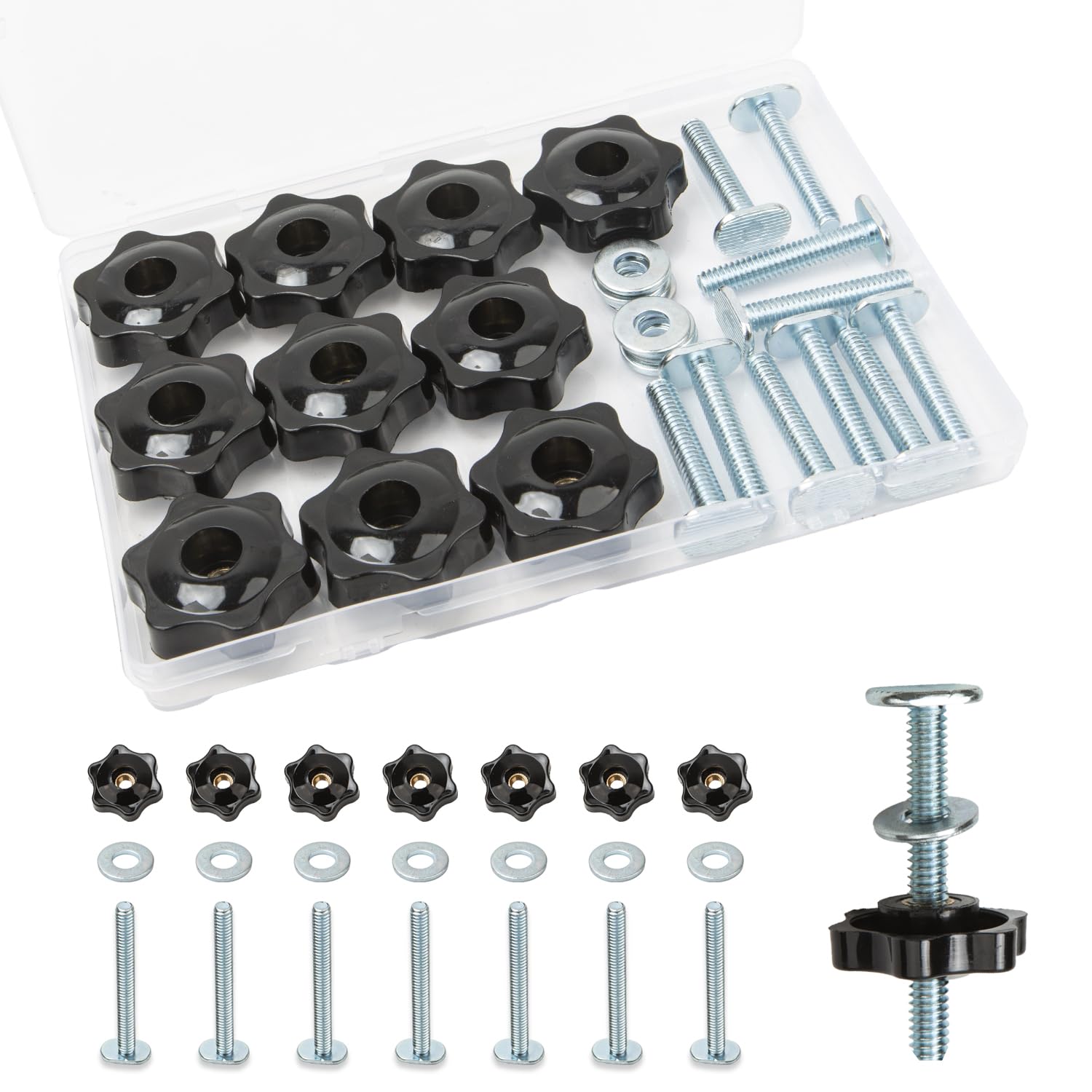 10 Sets 1-1/2 Inch T-Track Knob Kit, 1/4"-20 T Slot Bolts with Star Knobs and Washers – Medium Length T Track Accessories for Woodworking Jigs, Clamps, and Fixtures