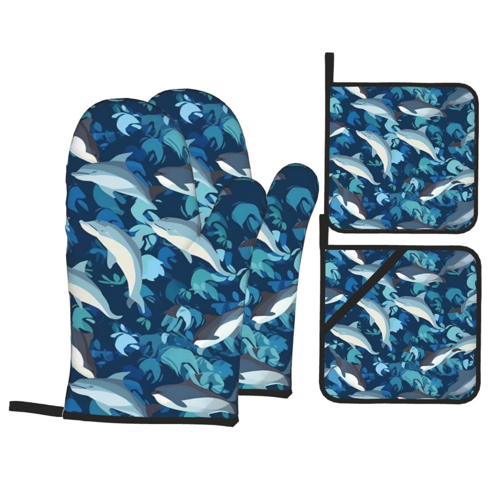 HJFCZH Kiss Dolphin Tale Pattern Picture Kitchen Baking Set of 4 Thick Insulated Oven Mitt & Pot Holders, Anti-Scalding for Microwave, Oven, Outdoor BBQ