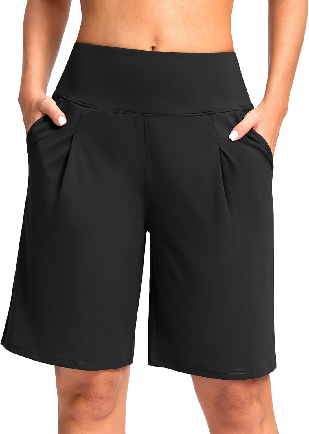 SANTINY Bermuda Shorts for Women Knee Length 9" High Waisted Pleated Casual Long Shorts with Pockets Walking Workout Athletic