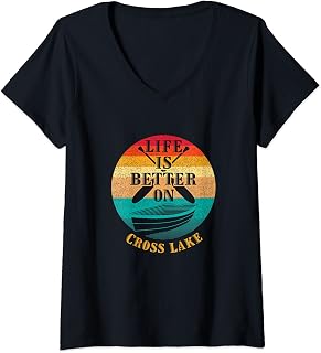 Womens Life Is Better on Cross Lake Funny Boating Humor Boat V-Neck T-Shirt