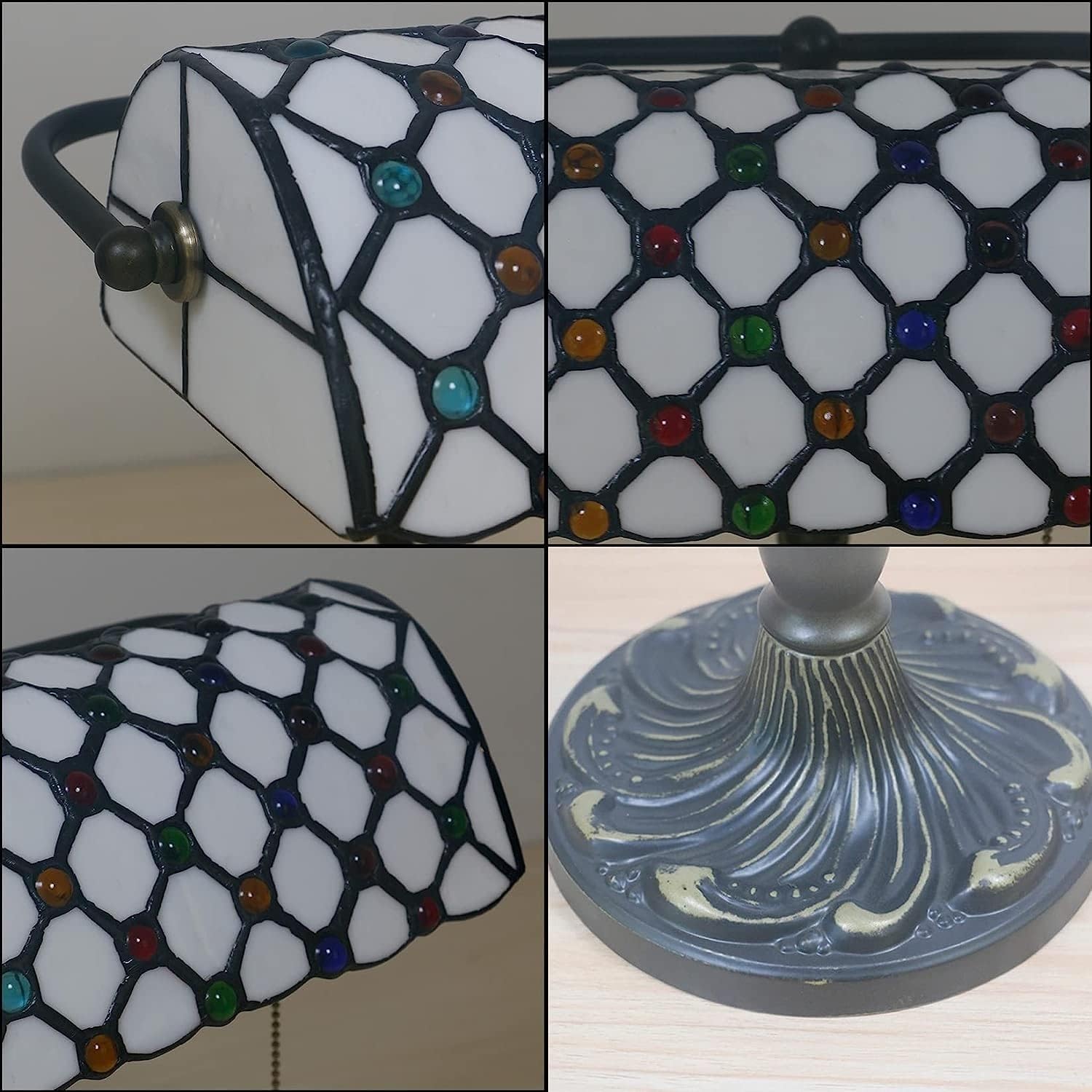 Bankier's Tischlampe, farbige Glaslampe, Kristallperlenschreibtischlampe, Schlafzimmer in der Nacht Leselampe (weißer farbenfroher Glasschatten) Innovate