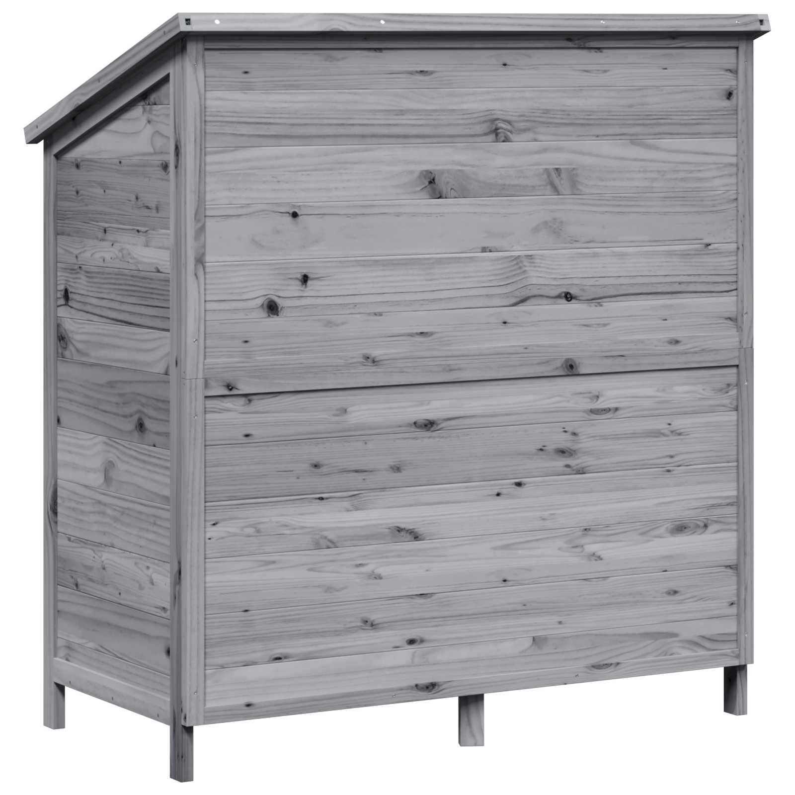 Domek ogrodowy, szary, materiał drewnopochodny, 106 x 56 x 113,5 cm, z drzwiami wentylacyjnymi i nachylonym dachem asfaltowym, schowkiem na narzędzia ogrodowe, narzędzia, rower, odporne na
