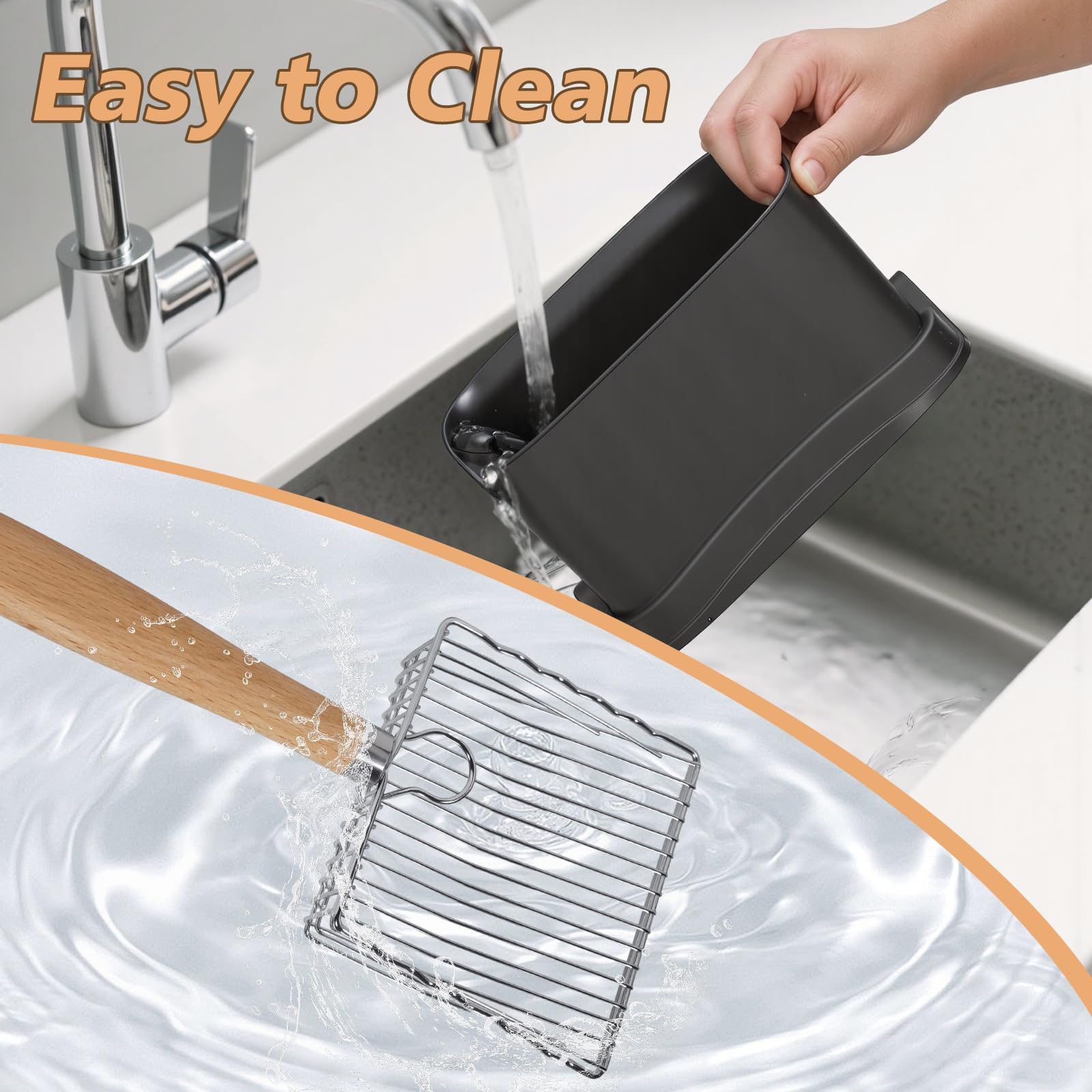 Metal Cat Litter Scoop with Holder, Poop Scooper with Stand and 2 Rolls of Garbage Bags, Heavy Duty Stainless Steel Shovel with Wooden, Quick Sifter for Easy Cleaning (Long handle-9.8" with Holder) - image 6