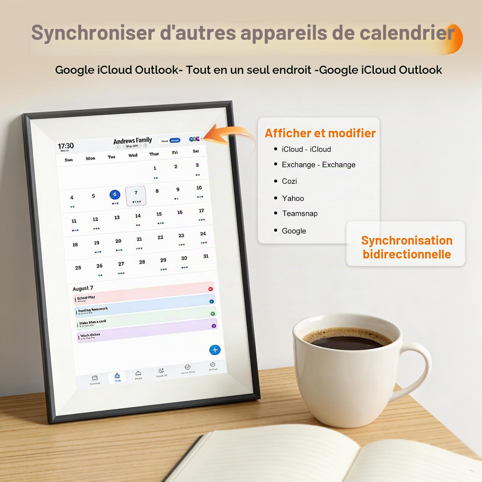 Calendrier Numérique 10,1" Écran Tactile – Organisateur Familial Central avec Synchronisation Wi-FI, Affichage Intelligent des Semaines, Repas, Agenda et Cadre Photo Numérique
