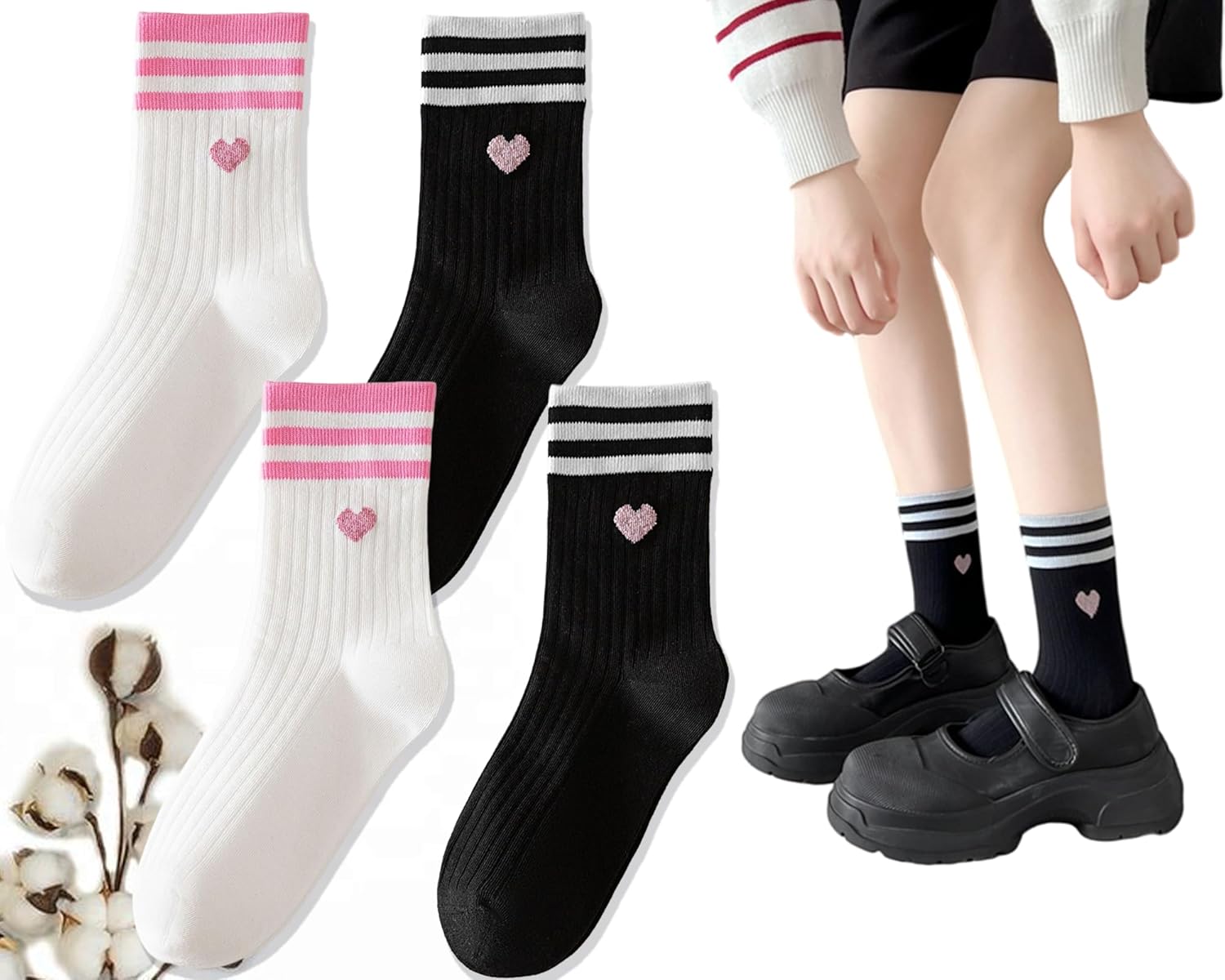 CHUNFO Cute Heart Red Ankle Womens Athletic Colorful Striped Socks Novelty Big Kid Crew Sock 4 & More Pairs