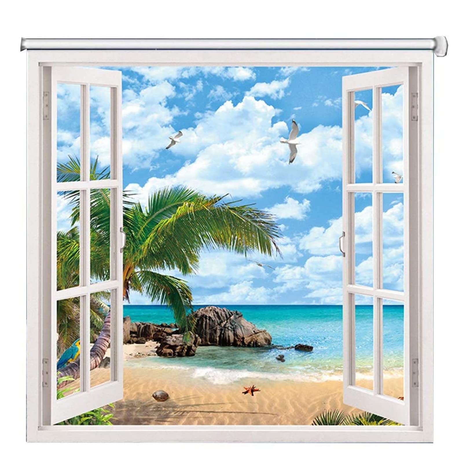 Beach Sea View Patterned Blackout Roller Shades - Thermal Insulated Blackout Cloth Roller Blinds for Bedroom, Living Room, Kitchen & Office