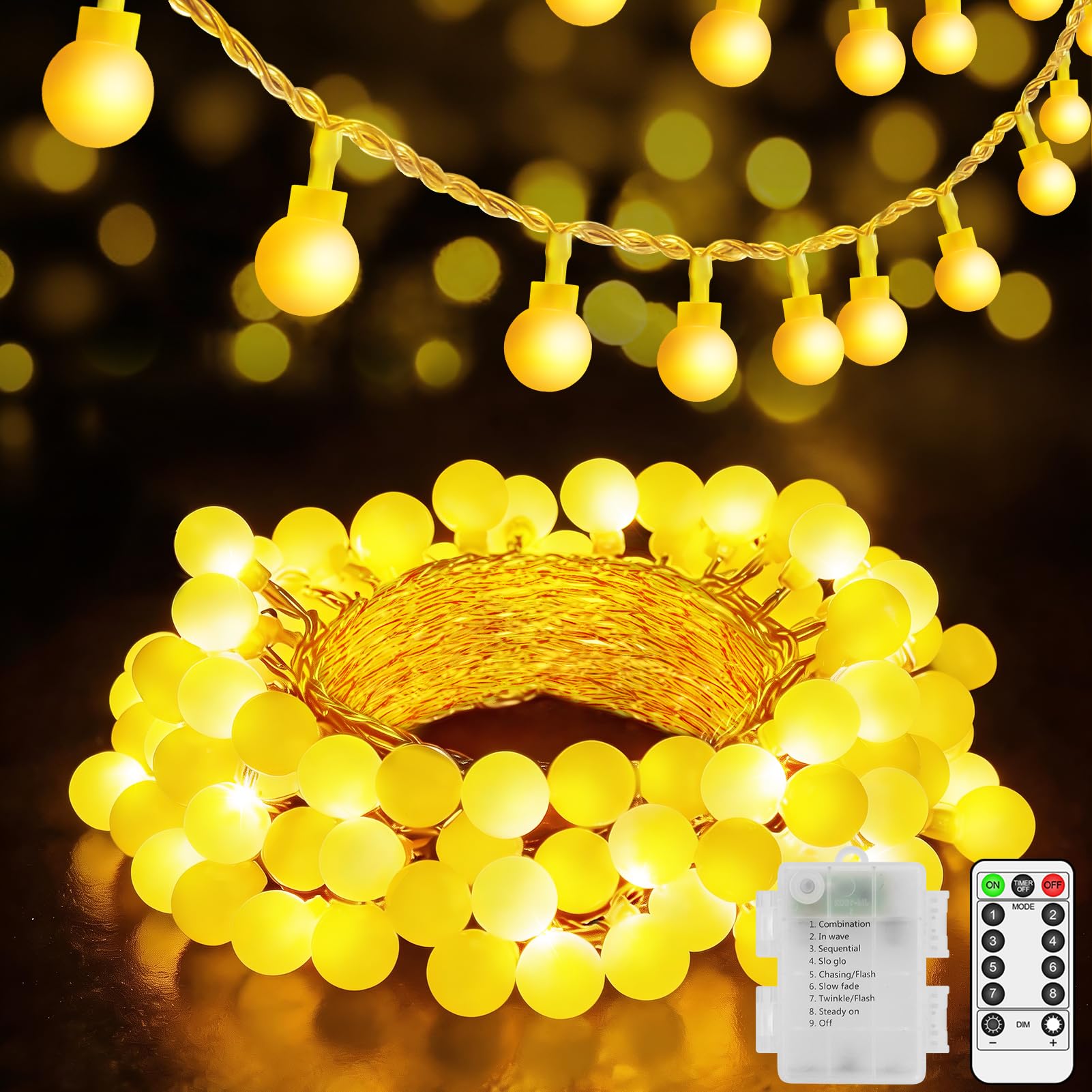 12 M 100 LED Fairy Lights Battery Operated Indoor Outdoor Waterproof Globe String Lights Christmas Lights with Remote Timer 8 Modes for Bedroom Outside Garden Patio Yard Party Decorations Warm White โ image 1
