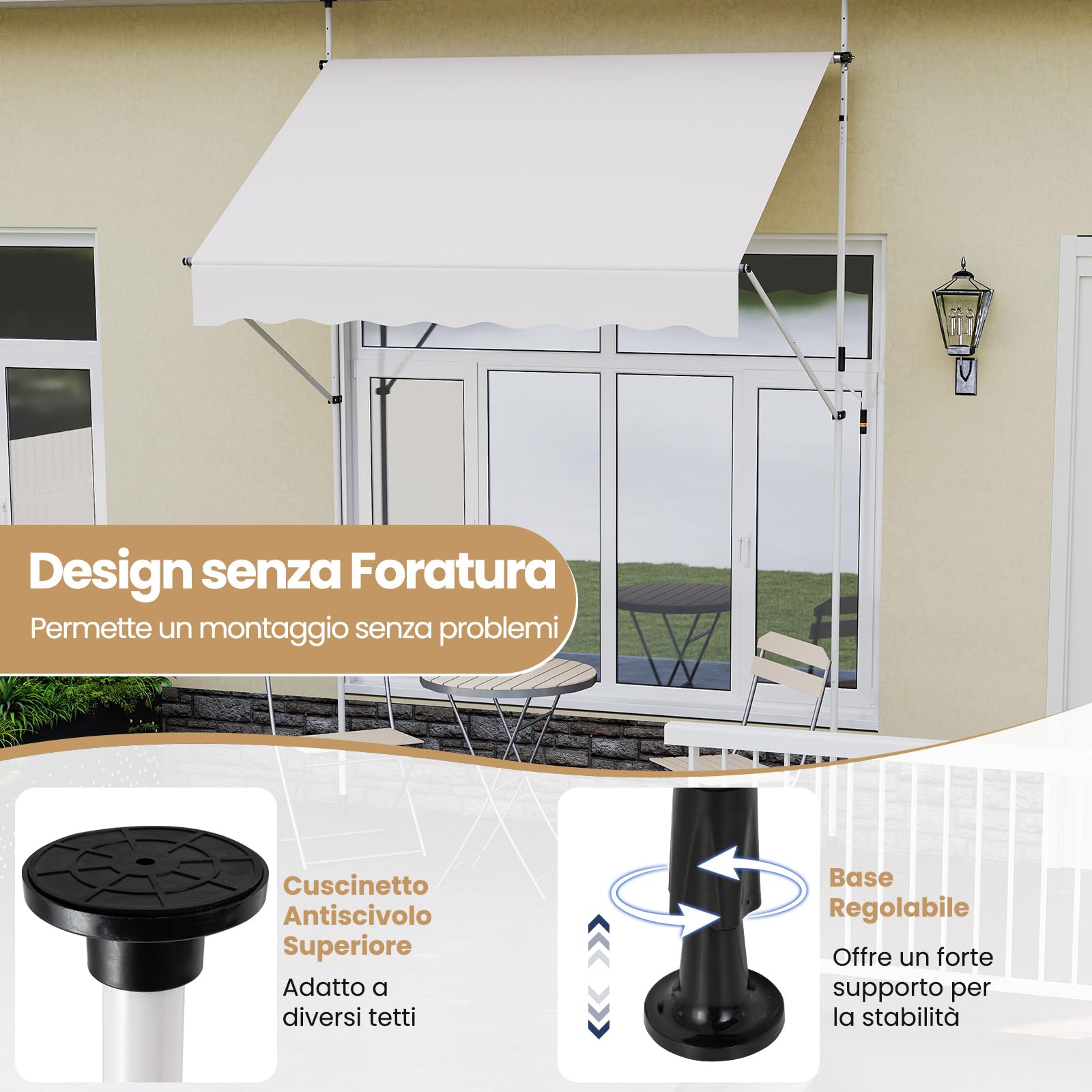 COSTWAY Tenda da Sole a Morsetto, Regolabile in Altezza e Inclinazione con Manovella, Telo Impermeabile e Resistente ai Raggi Solari e Telaio Antiruggine, Tenda Retrattile Senza Foratura (2M,Bianco)