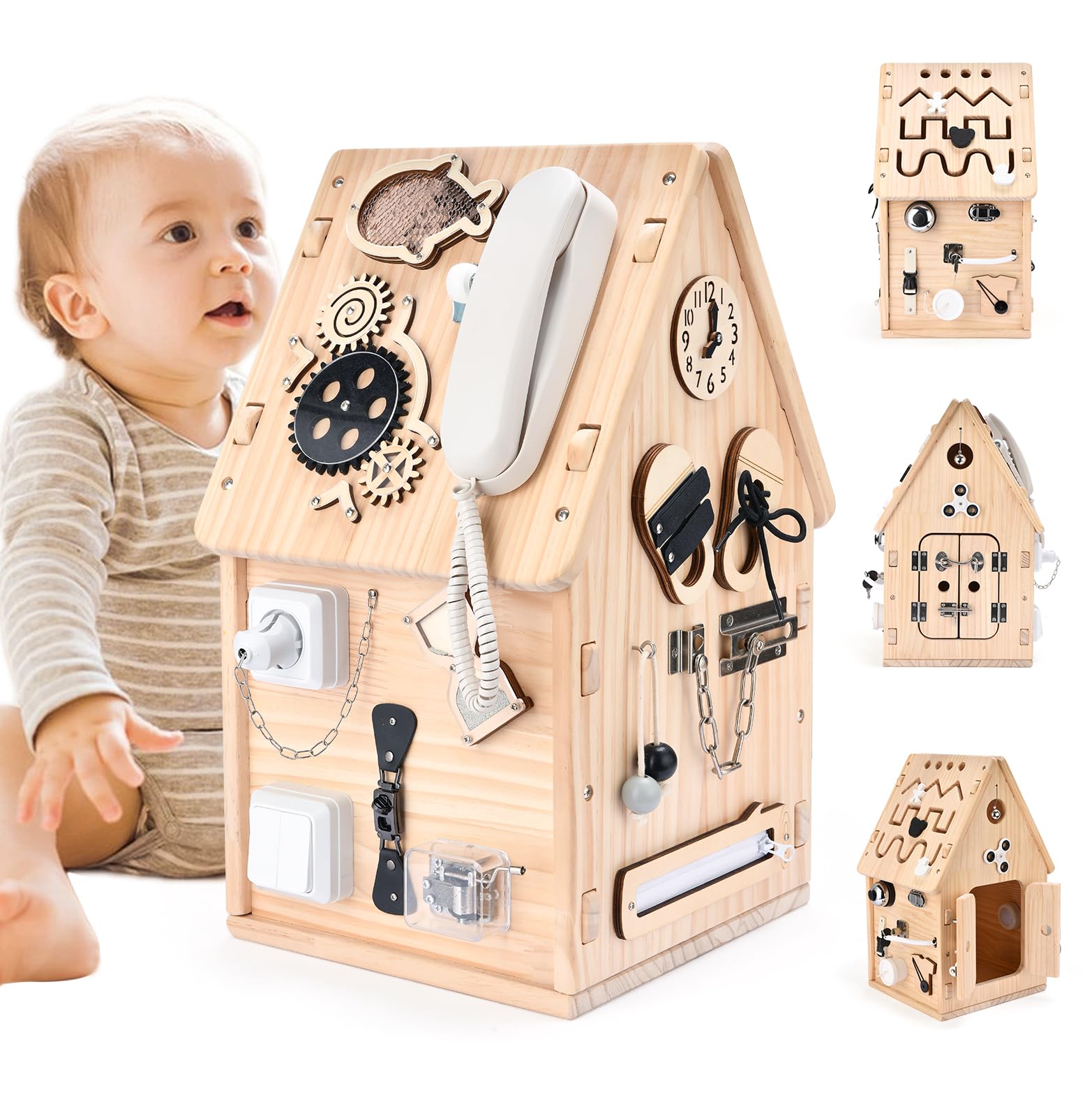 Montessori Wooden Busy House - Busy Board Toy for Toddlers - Preschool Learning Educational Toys - Sensory Board for Fine Motor Skills, Gifts for Babys Boys & Girls