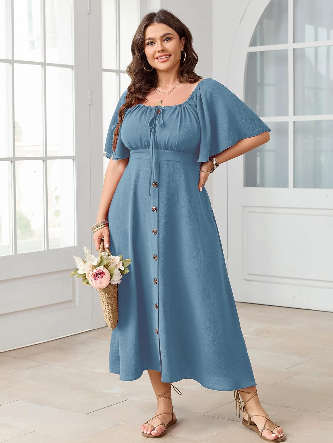 Plus Size Summer Dress Short Sleeve Square Neck Tie Front Smocked Button Down Flowy A-line Boho Maxi Long Dresses - Image 5