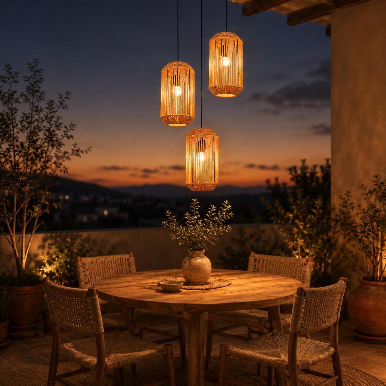 Lámpara Colgante Boho de Ratán, Altura Ajustable, 3 Luces, Diseño | Retro con Casquillo E27 para Comedor, Salón, Dormitorio y Cocina (Sin Bombillas Incluidas)